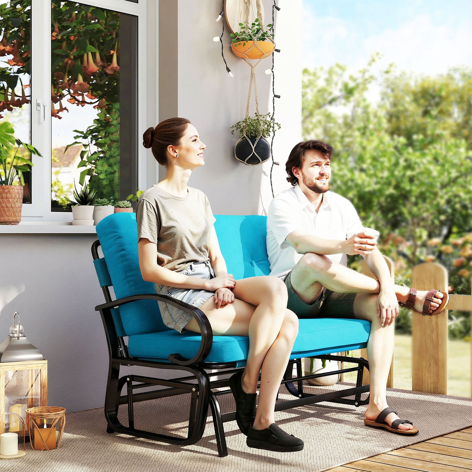  Outdoor Glider Bench, 2-Person Patio Rocker Loveseat with Tufted Cushions, Steel Frame for Porch, Garden Backyard, Blue