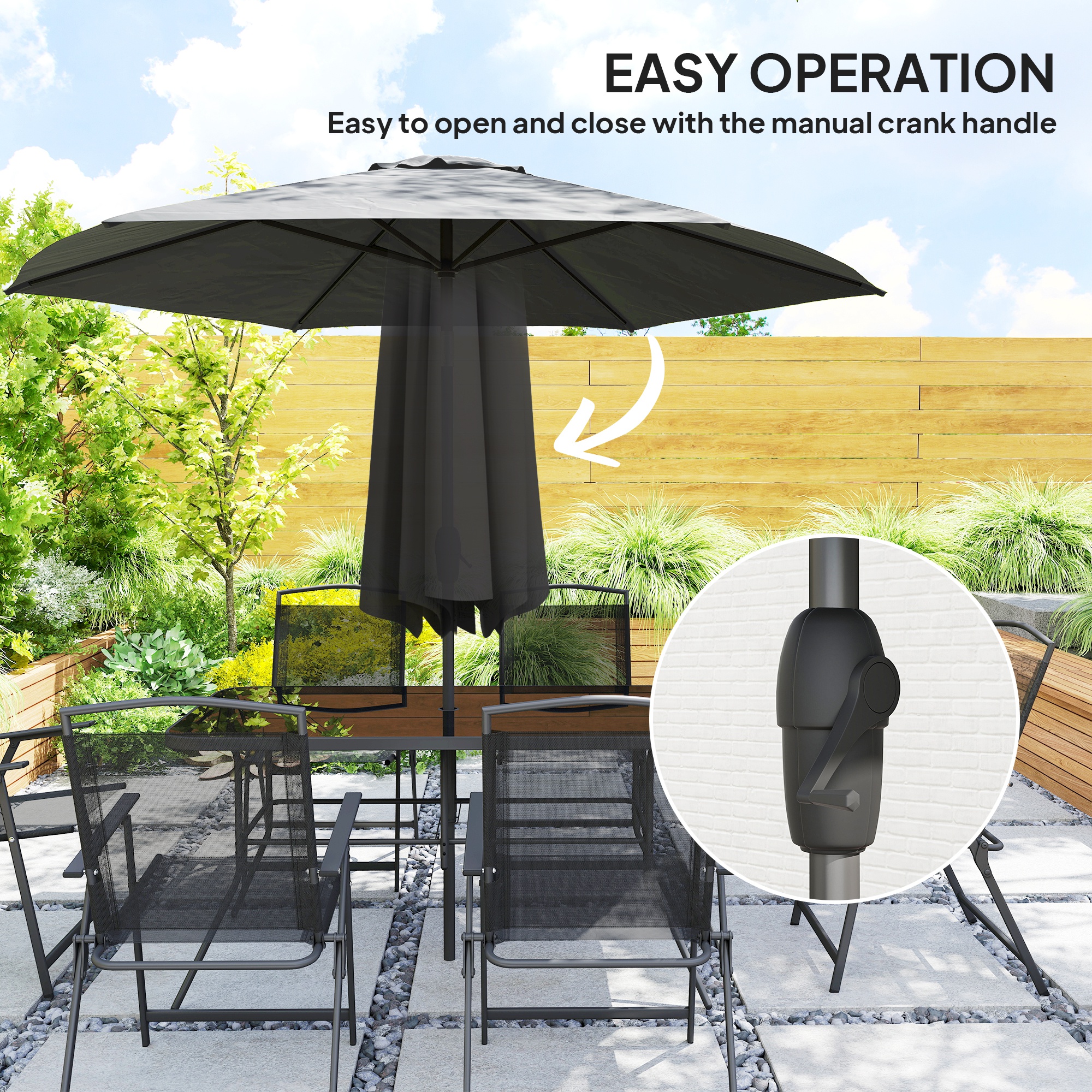  8 Piece Outdoor Dining Set, Patio Furniture Set with Umbrella, 6 Folding Chairs, Rectangle Table and Mesh Seat, Black