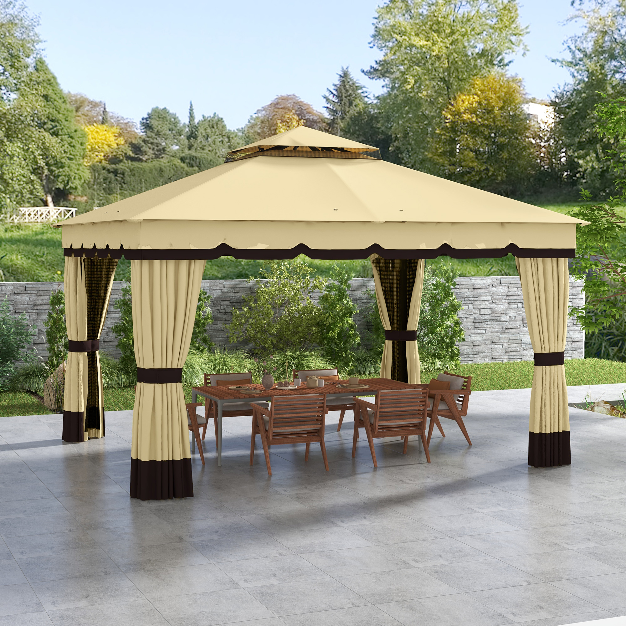  10' x 12' Double Roof Patio Gazebo Canopy, Outdoor Gazebo Shelter with Netting & Curtains, for Garden, Lawn and Deck