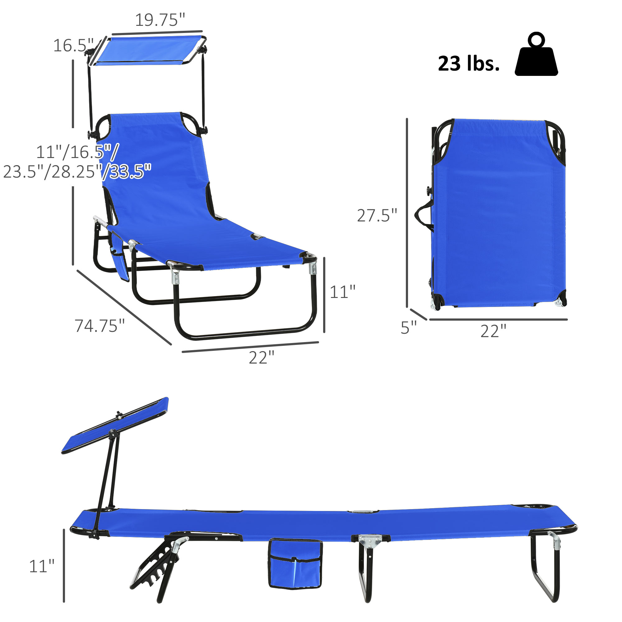  Pool Chaise Lounge Chairs Set of 2, Folding Lounge Chairs with Sunshade, Reclining Back, Steel Frame, Blue