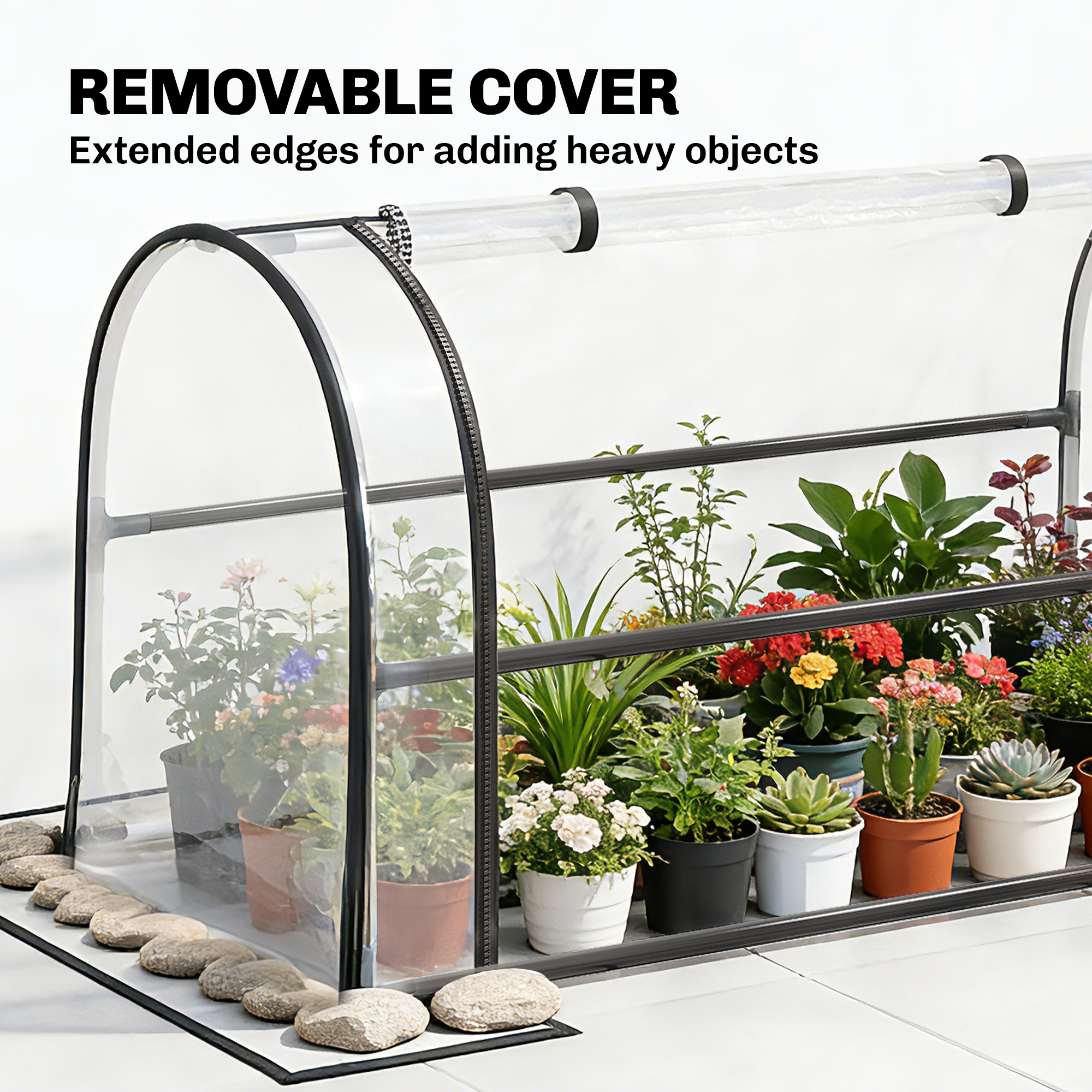  Raised Garden Bed with Flip-Up Greenhouse Cover, Metal Elevated Garden Bed with Legs and Drainage Hole, Black
