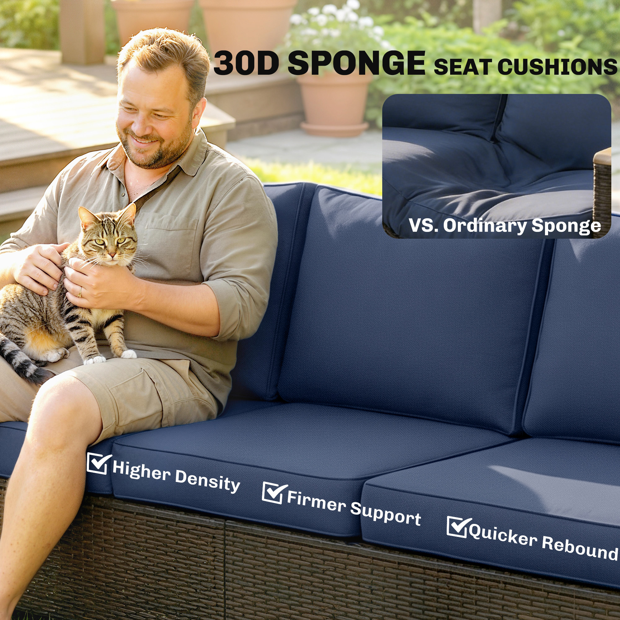  3 Seater Outdoor Couch Sofa, PE Wicker Patio Sofa, Wide Deep Seat, 4" Cushions, Wood-Effect Armrests Legs, Dark Blue