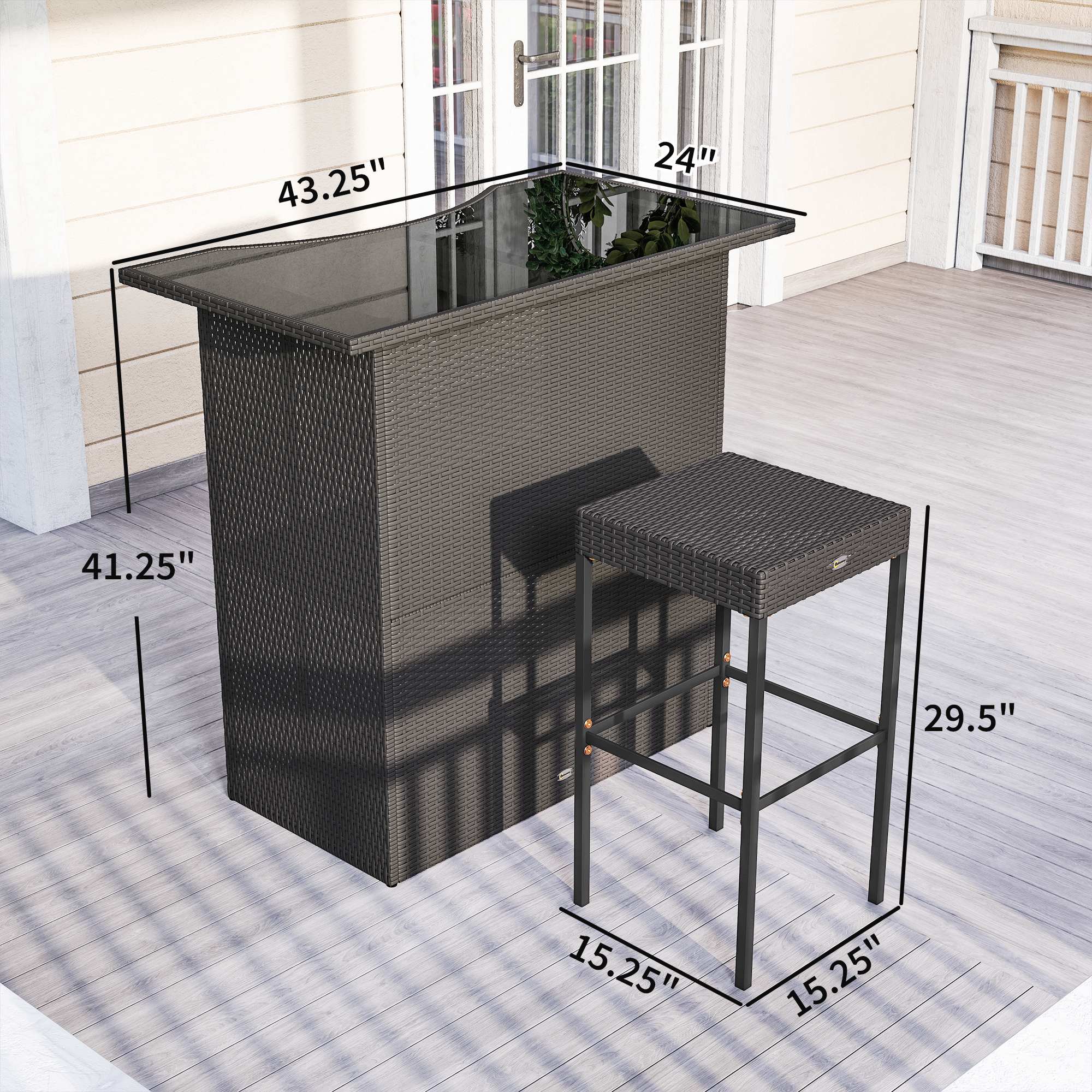  5 Piece Rattan Wicker Bar Set, High Top Outdoor Table and Chairs, Bar Height Patio Set, 2 Shelves & 4 Bar Stools, Brown