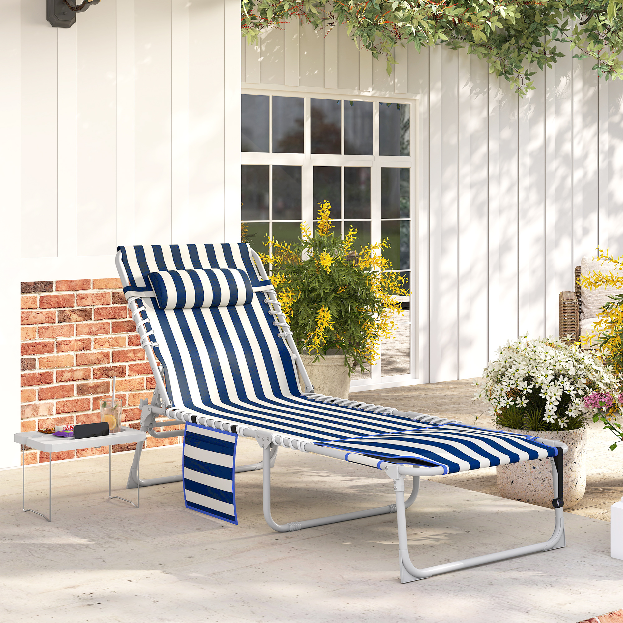  Tanning Chair with Face Hole and Side Table, 5-Position Folding Outdoor Chaise Lounge Chair, Blue and White