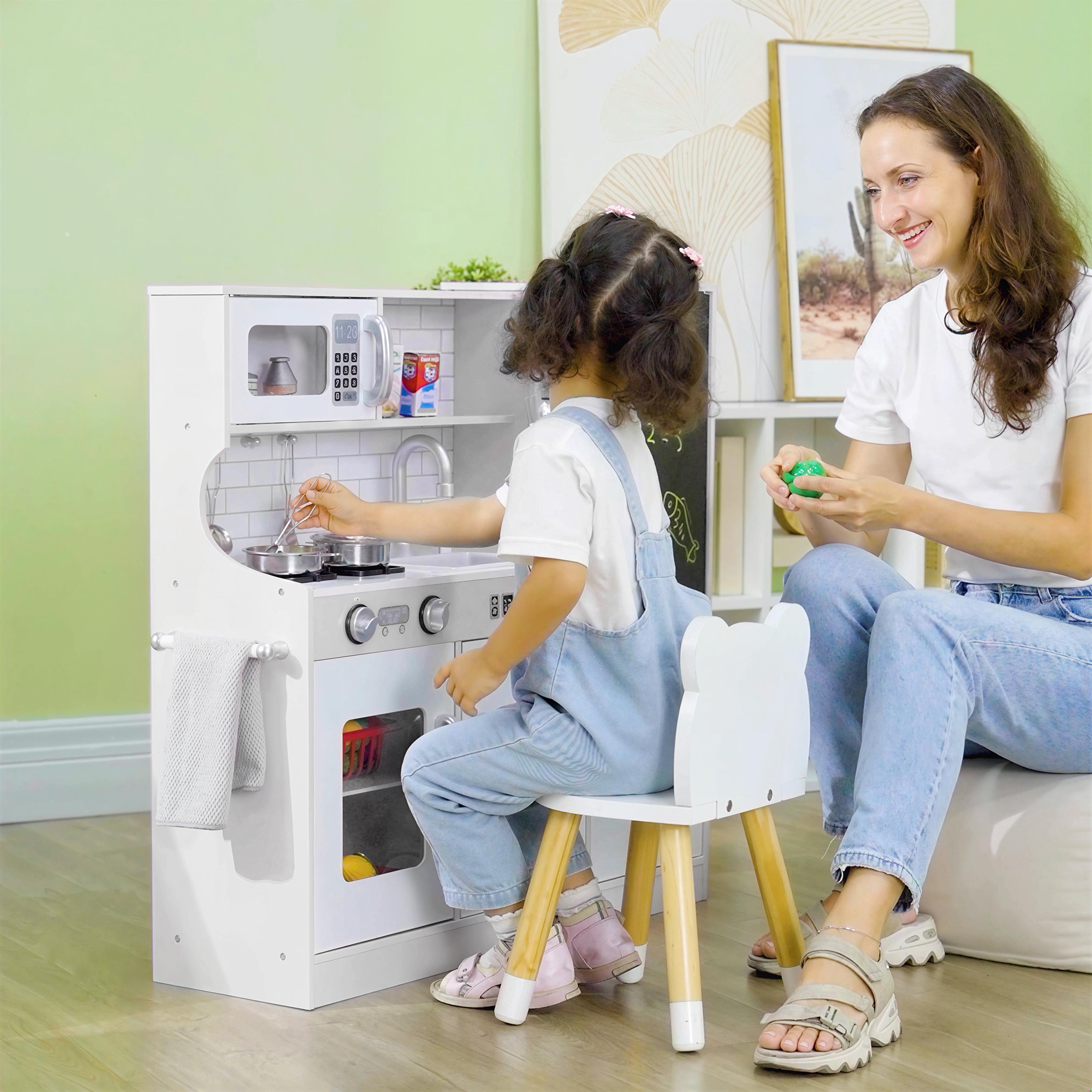 Pretend Play Kitchen, Kids Kitchen Playset with Play Phone, Chalkboard, Towel Rack & Ice Maker for 3-8 Years White