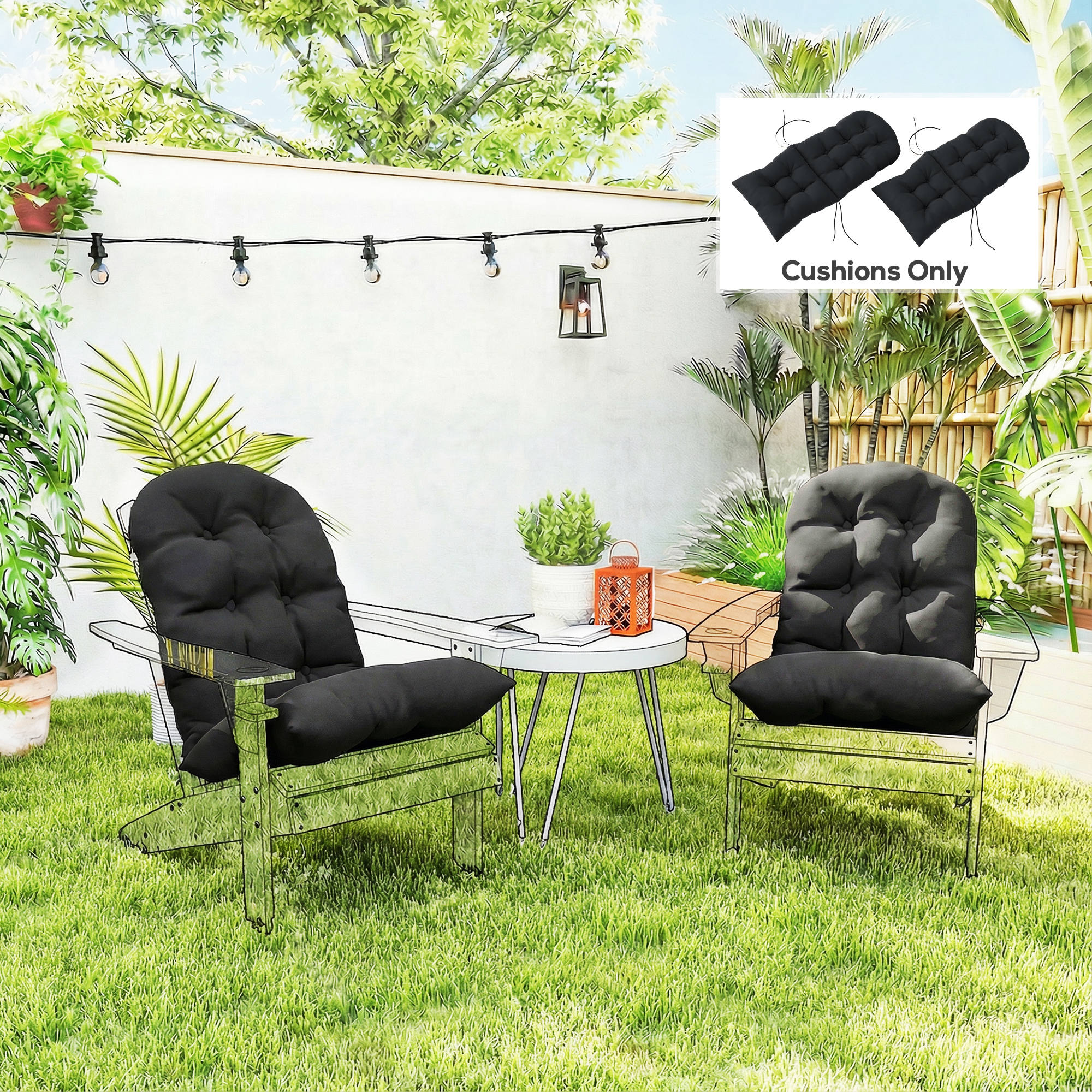  Outdoor Adirondack Chair Cushions Set of 2, Tufted High Back Patio Chair Cushions, Black