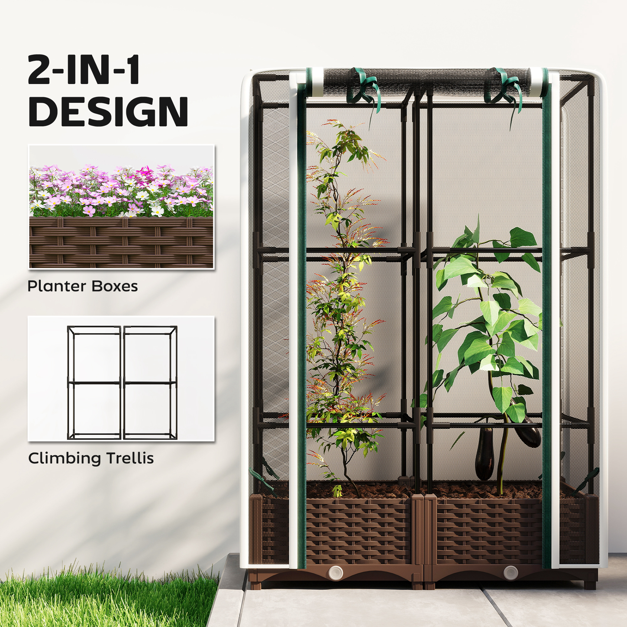  Raised Garden Bed with Trellis, 46.5" Tomato Cage with Crop Cage, Self Watering Planter Box with Drainage Holes, White