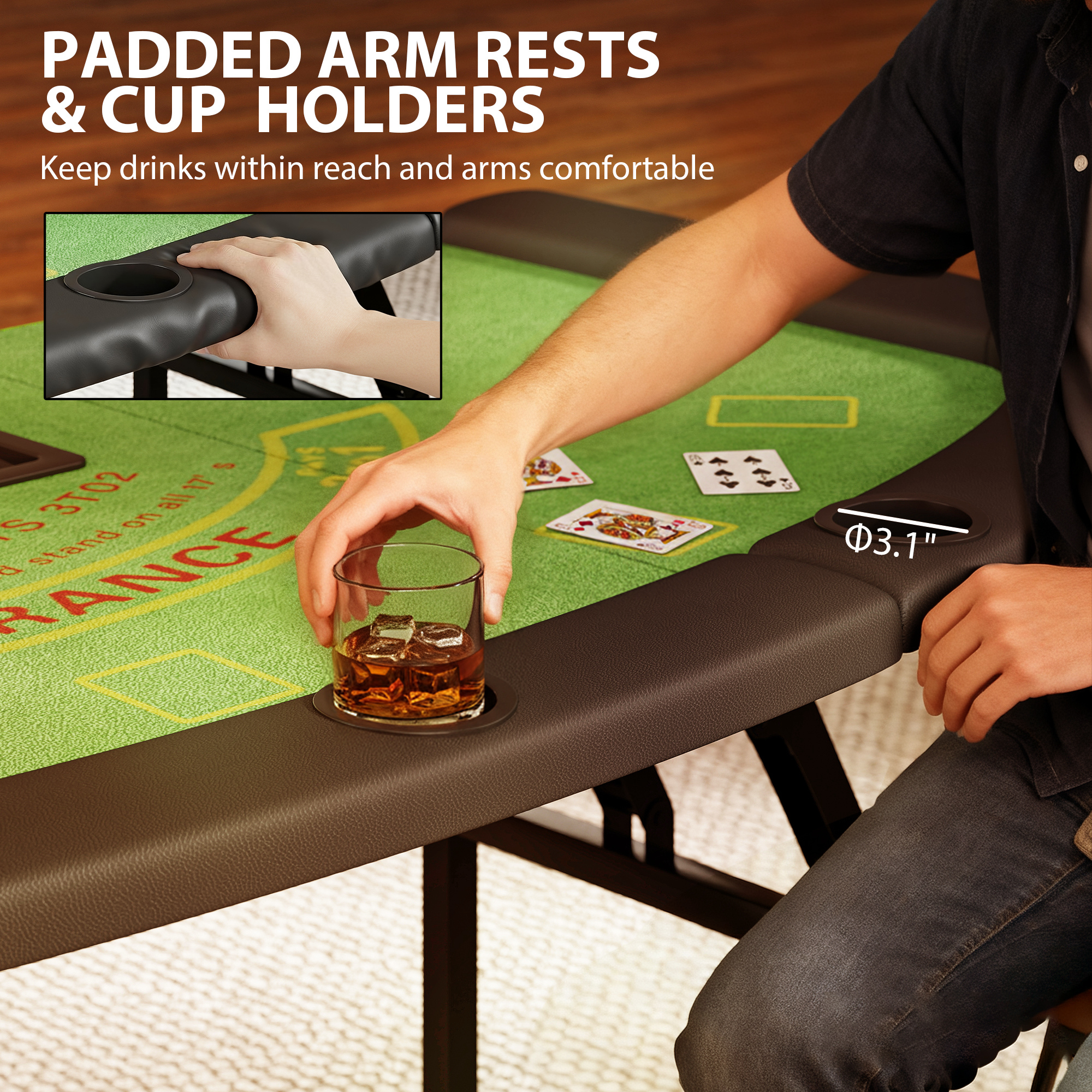 Poker Table Foldable, 72" Portable Casino Blackjack Table for 8 Players with Felt Surface, Cup Holders, Green