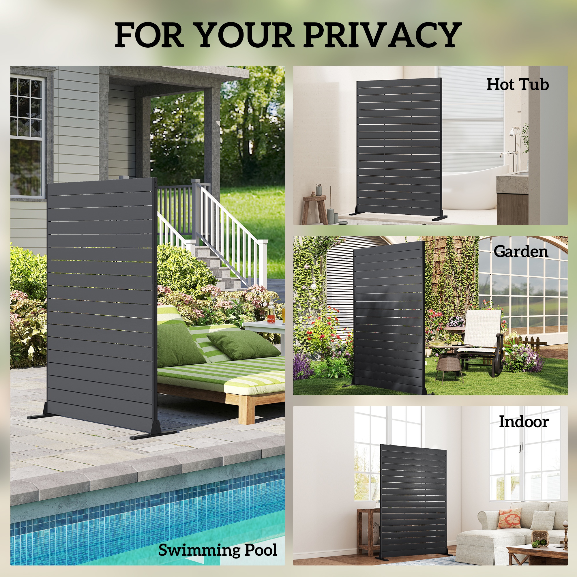  HDPE Outdoor Privacy Screen, 47.2"W x 68.5"H Decorative Privacy Fence Screen with Stand and 6 Panels, Black
