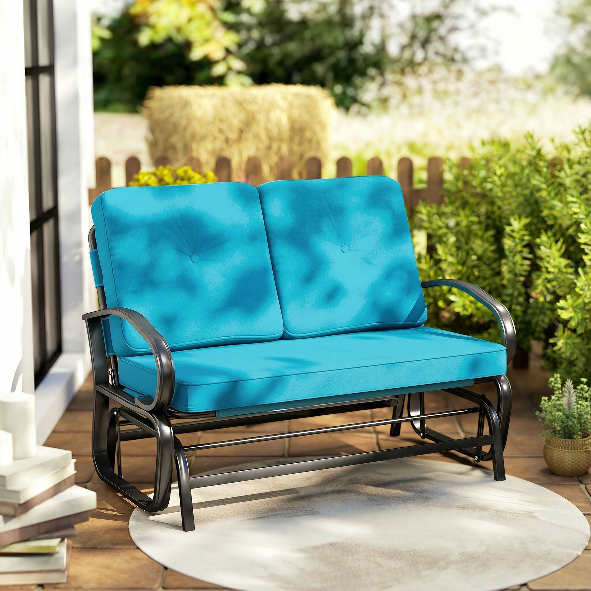  Outdoor Glider Bench, 2-Person Patio Rocker Loveseat with Tufted Cushions, Steel Frame for Porch, Garden Backyard, Blue