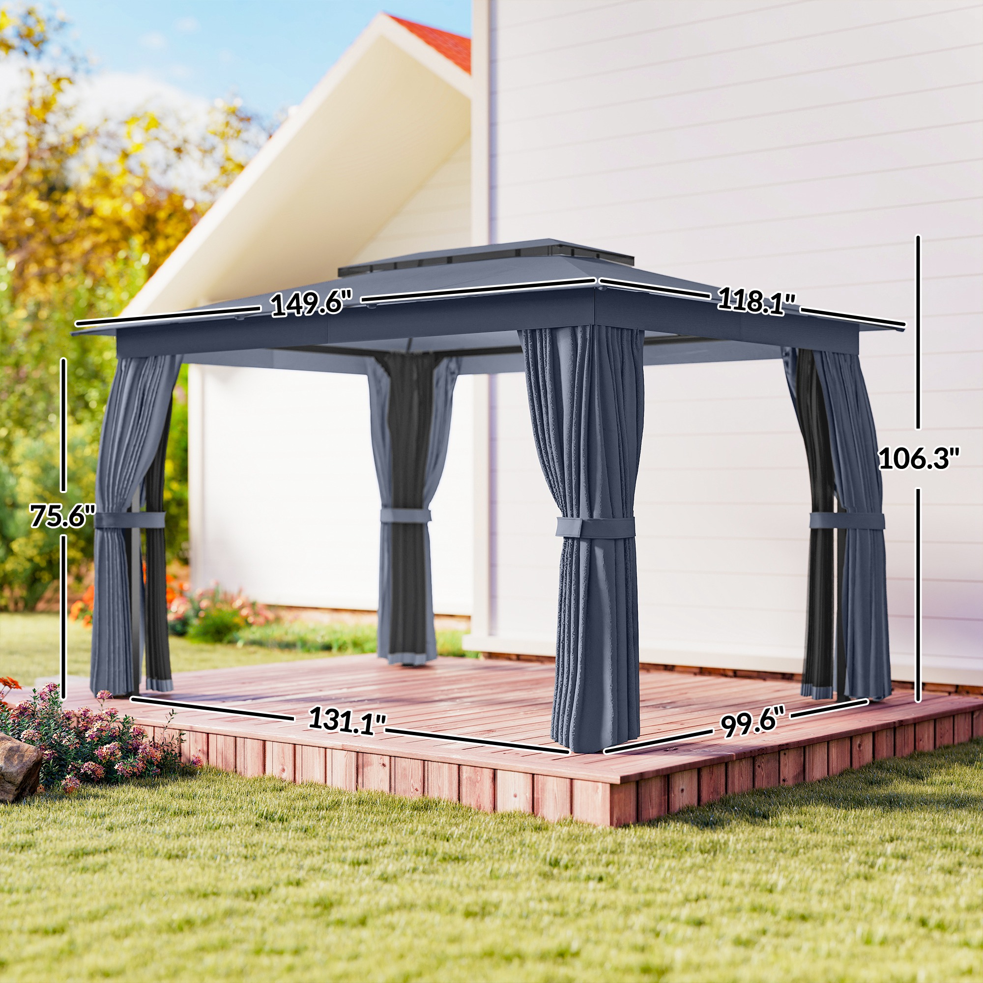  10' x 12' Outdoor Patio Gazebo, Soft Top Gazebo Canopy Shelter with Curtains, Netting, Steel Frame, Hooks, Blue