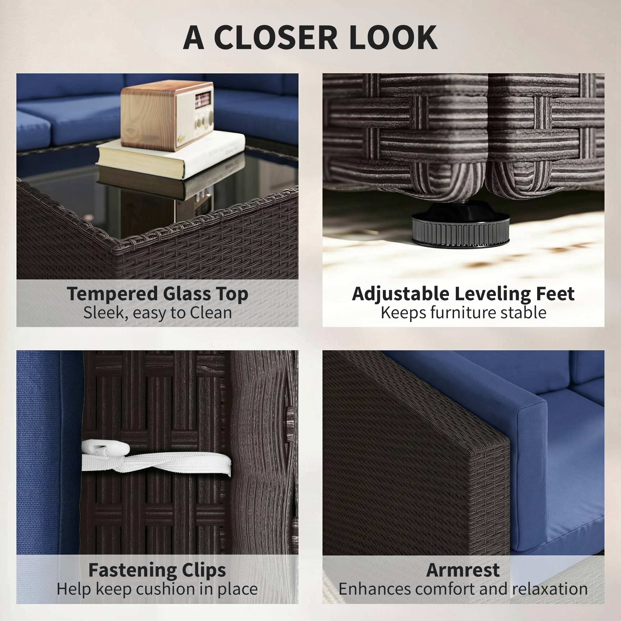  7 Piece Patio Furniture Set, All Weather PE Rattan Outdoor Furniture Conversation Sets with Glass Top Coffee Table