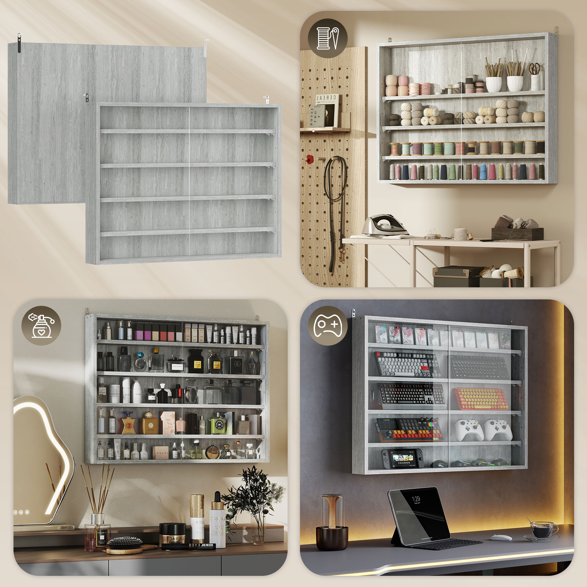 5-Tier Display Cabinet, Wall-Mounted Display Case with 2 Glass Doors and Adjustable Shelves, Gray image 6