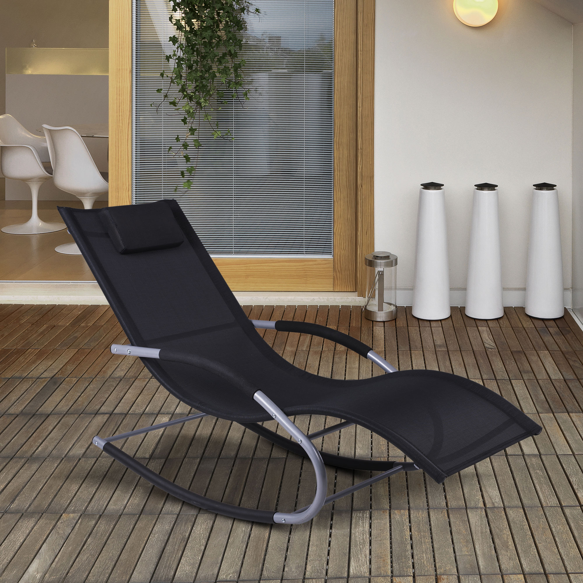  Zero Gravity Rocking Chair Outdoor Chaise Lounge Chair Recliner Rocker with Detachable Pillow and Weather-Fighting Fabric for Patio, Deck, Pool, Black