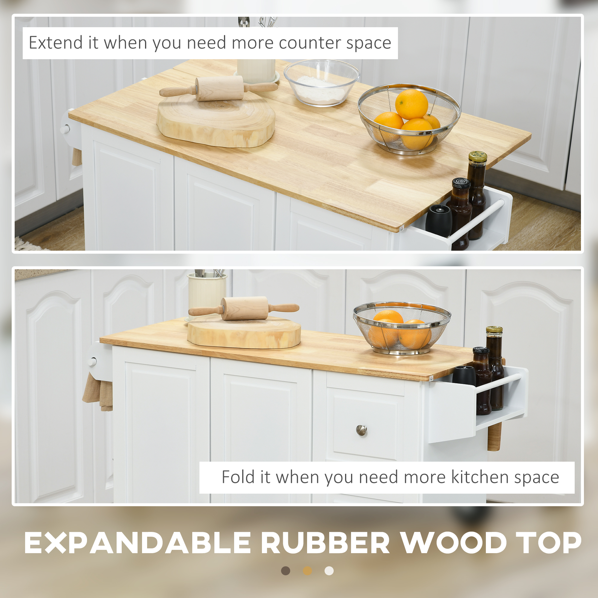  Kitchen Island with Drop Leaf, Rolling Kitchen Cart on Wheels with 3 Drawers, Cabinet, Natural Wood Top, Spice Rack and Towel Rack, White