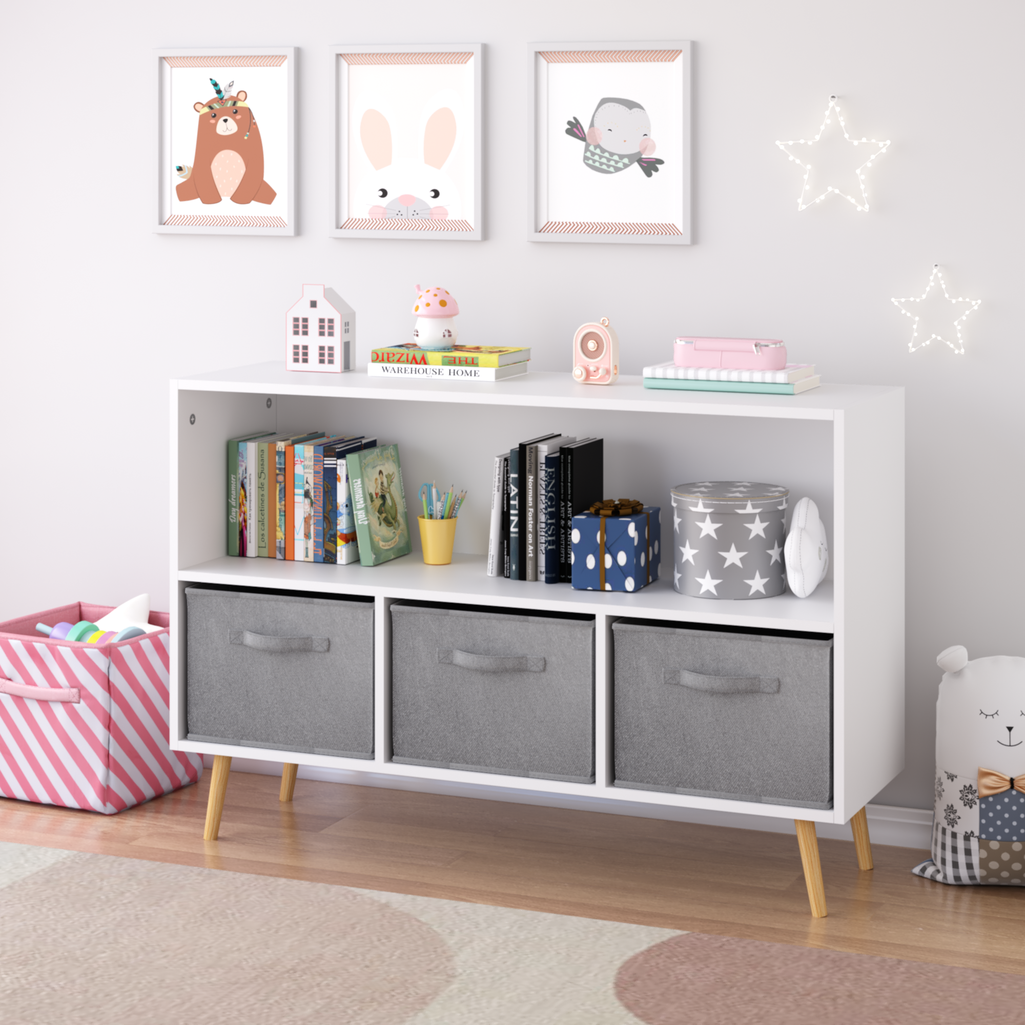 Kids Bookcase With Collapsible Fabric Drawers, Children's Book Display, Toy Storage Cabinet Organizer, White Gray