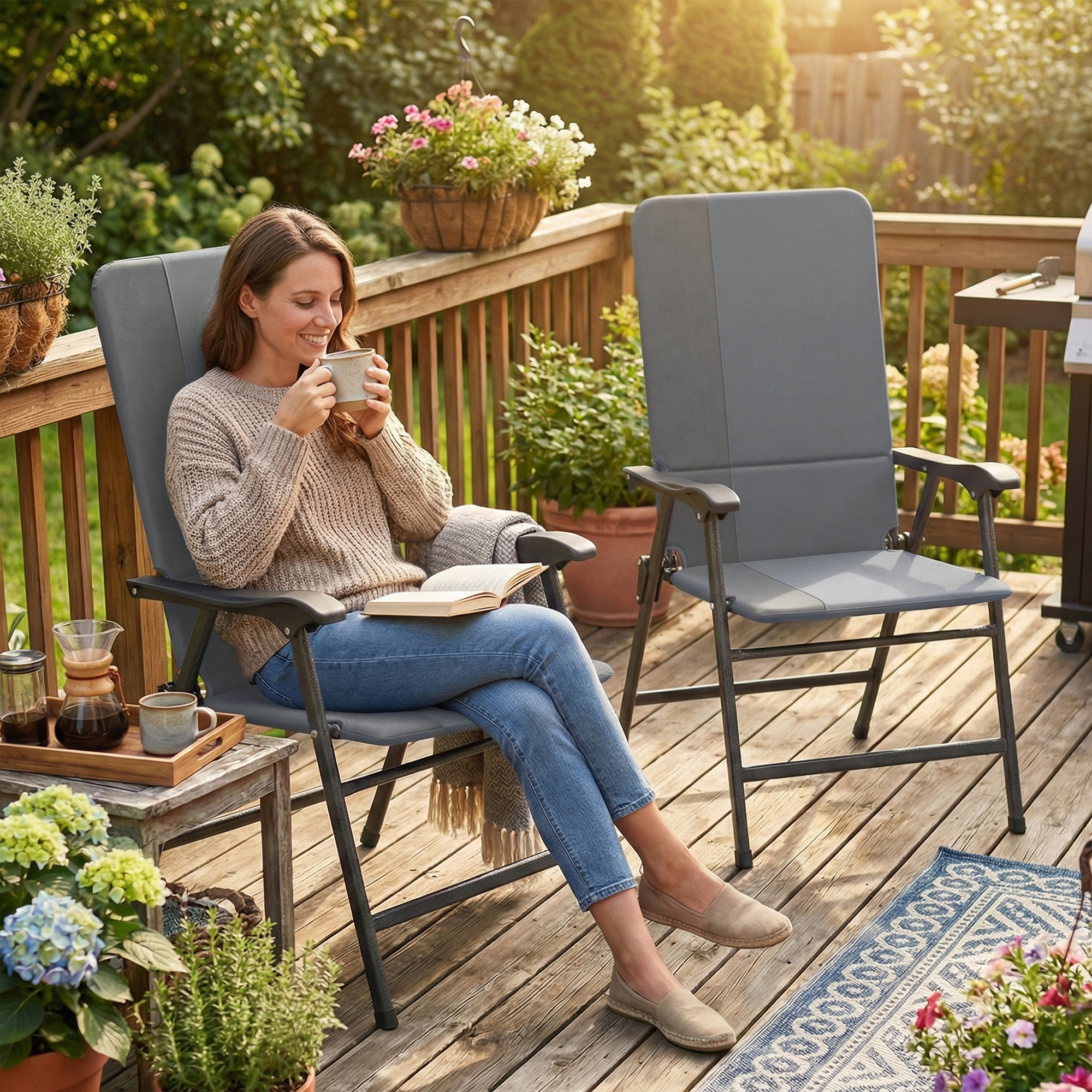  Folding Patio Chairs Set of 2, Padded High Back Lawn Camping Chairs with Armrests, 600D Oxford Fabric, Light Gray