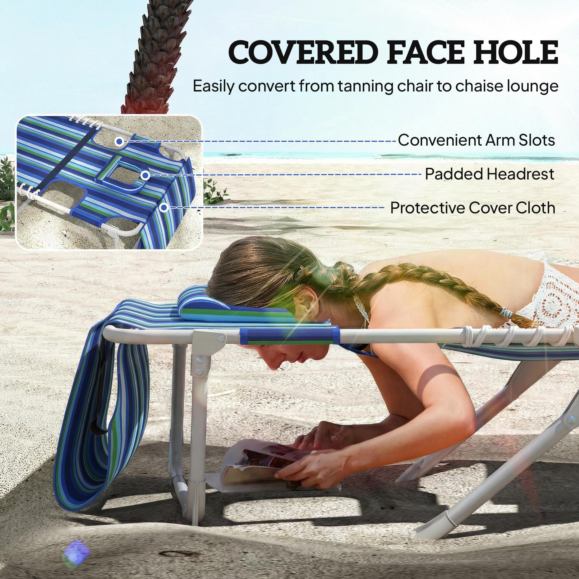  Tanning Chair with Face Hole and Side Table, 5-Position Folding Outdoor Chaise Lounge Chair, Blue Stripe