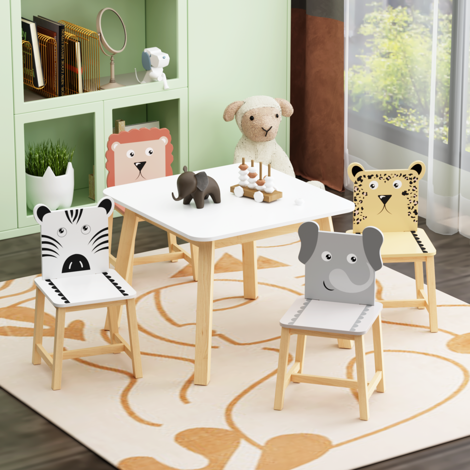 5 Piece Kiddy Table And Chair Set , Kids Wood Table With 4 Chairs Set Cartoon Animals Bigger Table 3-8 Years Old - Image 1