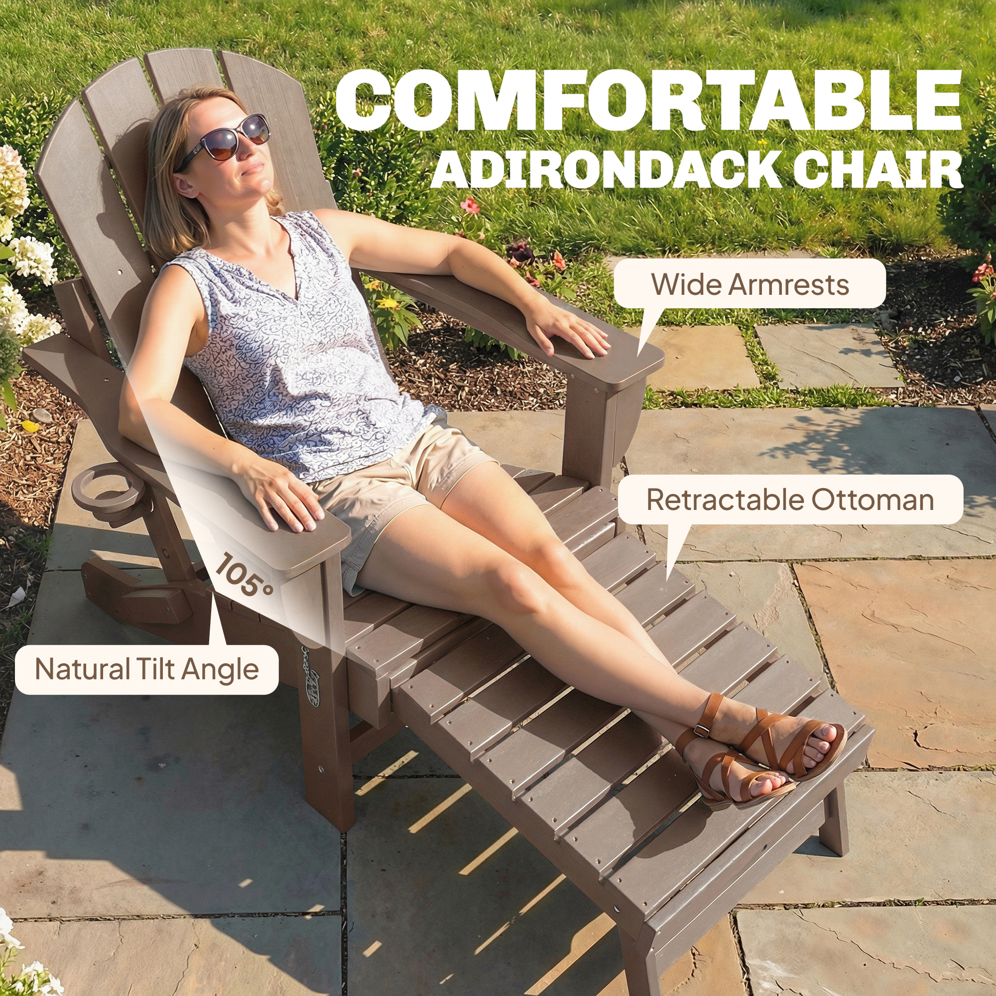 Folding Adirondack Chair Set of 2, HDPE Fire Pit Chair with Retractable Ottoman and Cup Holder, Brown