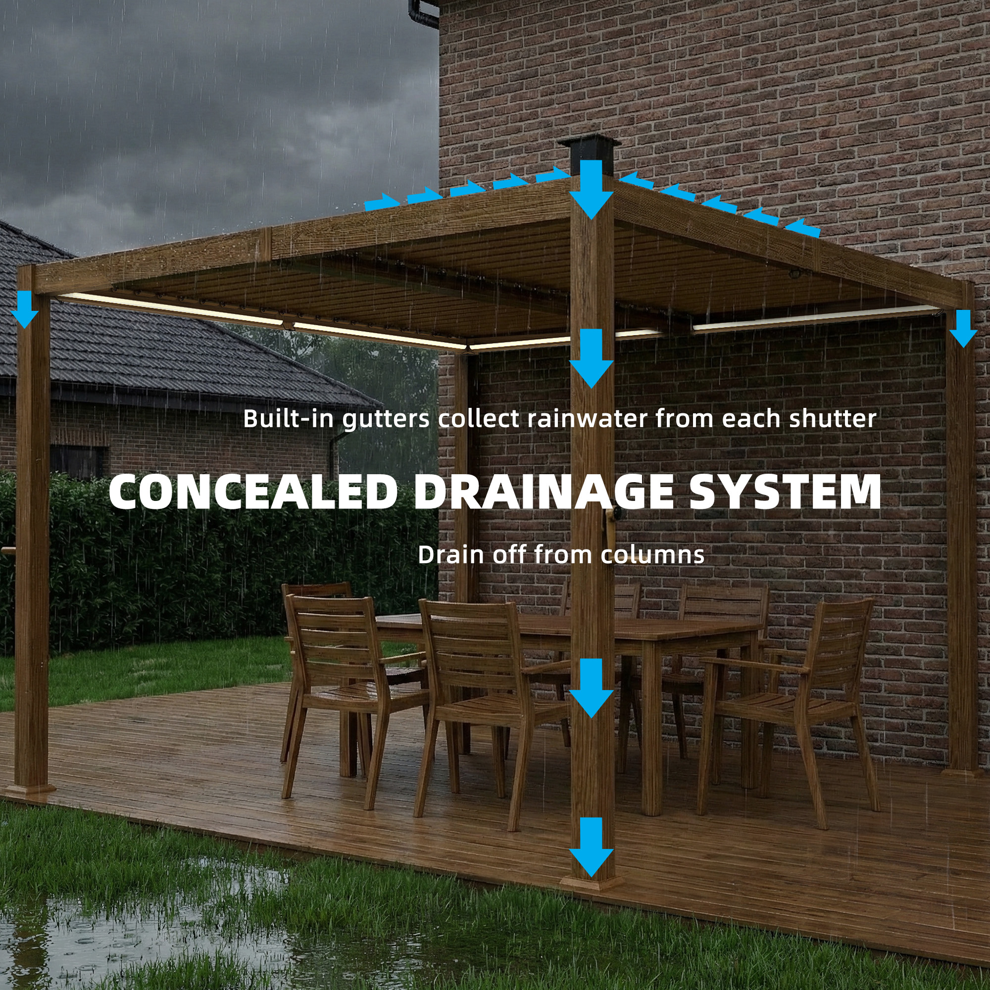  10' x 10' Louvered Pergola with Solar LED lights, Metal Roof, Outdoor Pergola Patio Gazebo with Drainage Gutters, Brown