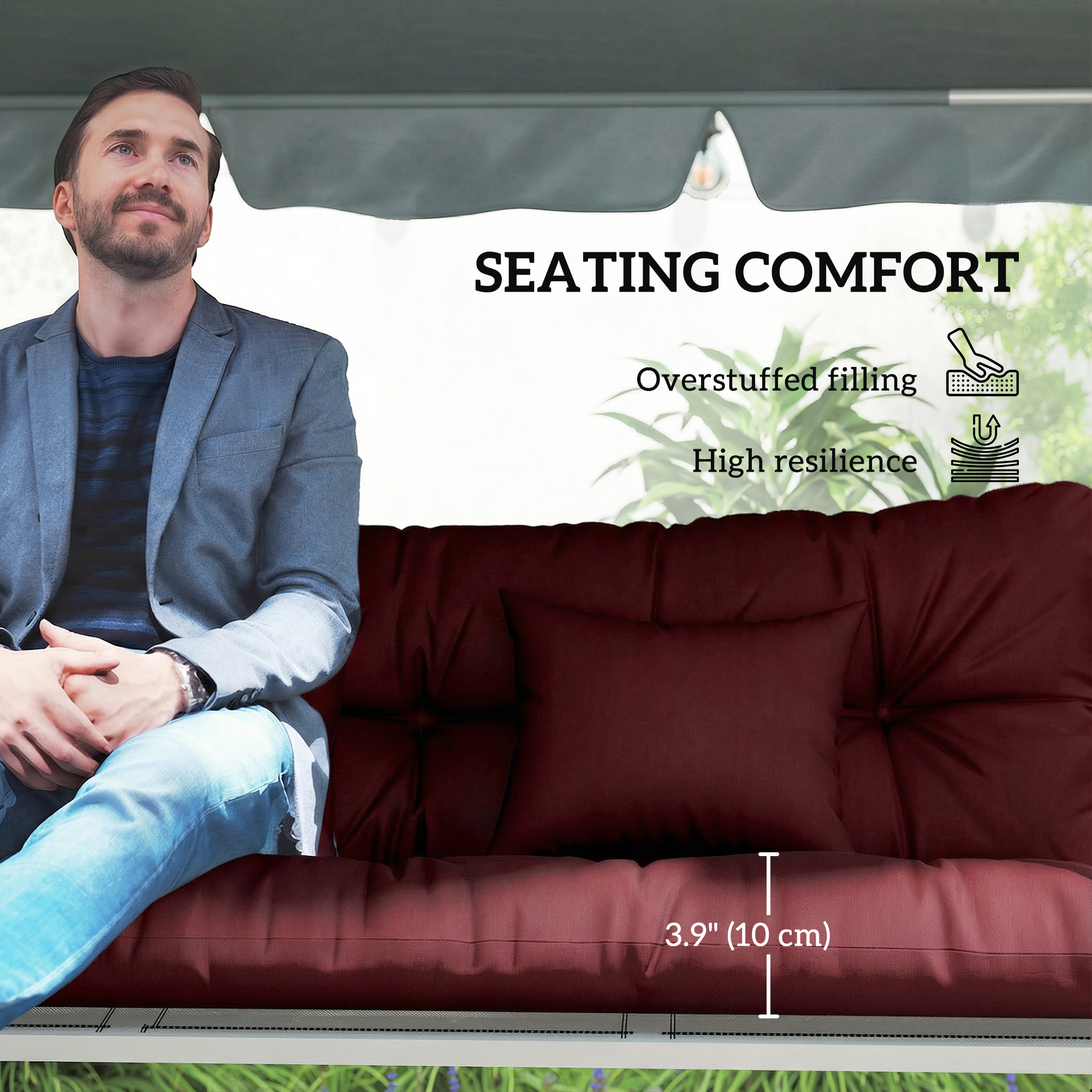  4-Piece Back and Seat Cushion Pillows Replacement and Pillows, Patio Chair Cushions Set with Ties, Wine Red