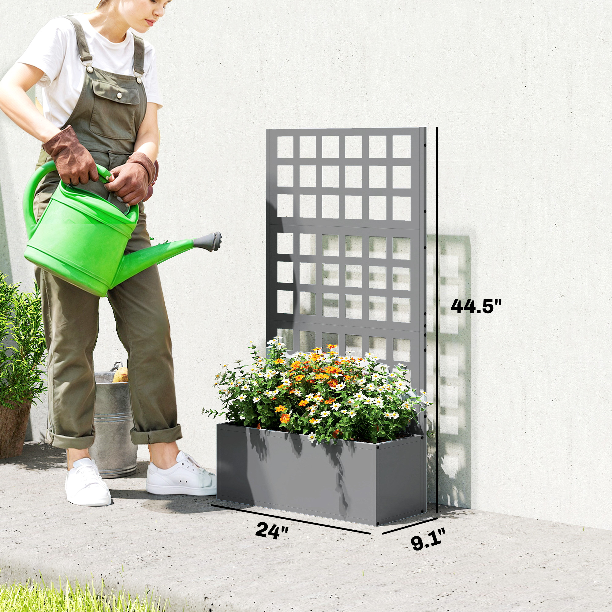  Galvanized Raised Garden Bed Planter Box with Trellis for Climbing Plants, Vegetable, Vines, 24" x 9" x 44.5", Gray