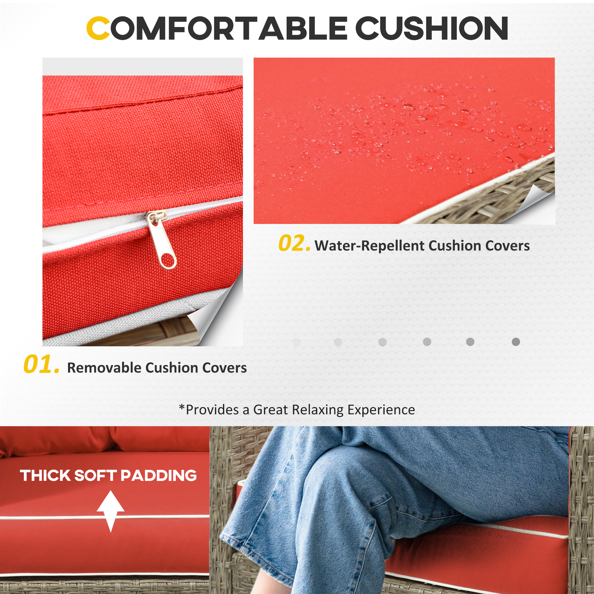  5 Pieces Rattan Wicker Lounge Chair Outdoor Patio Conversation Set with 2 Cushioned Chairs, 2 Ottomans and Tempered Glass Top Coffee Table, Brown/Red