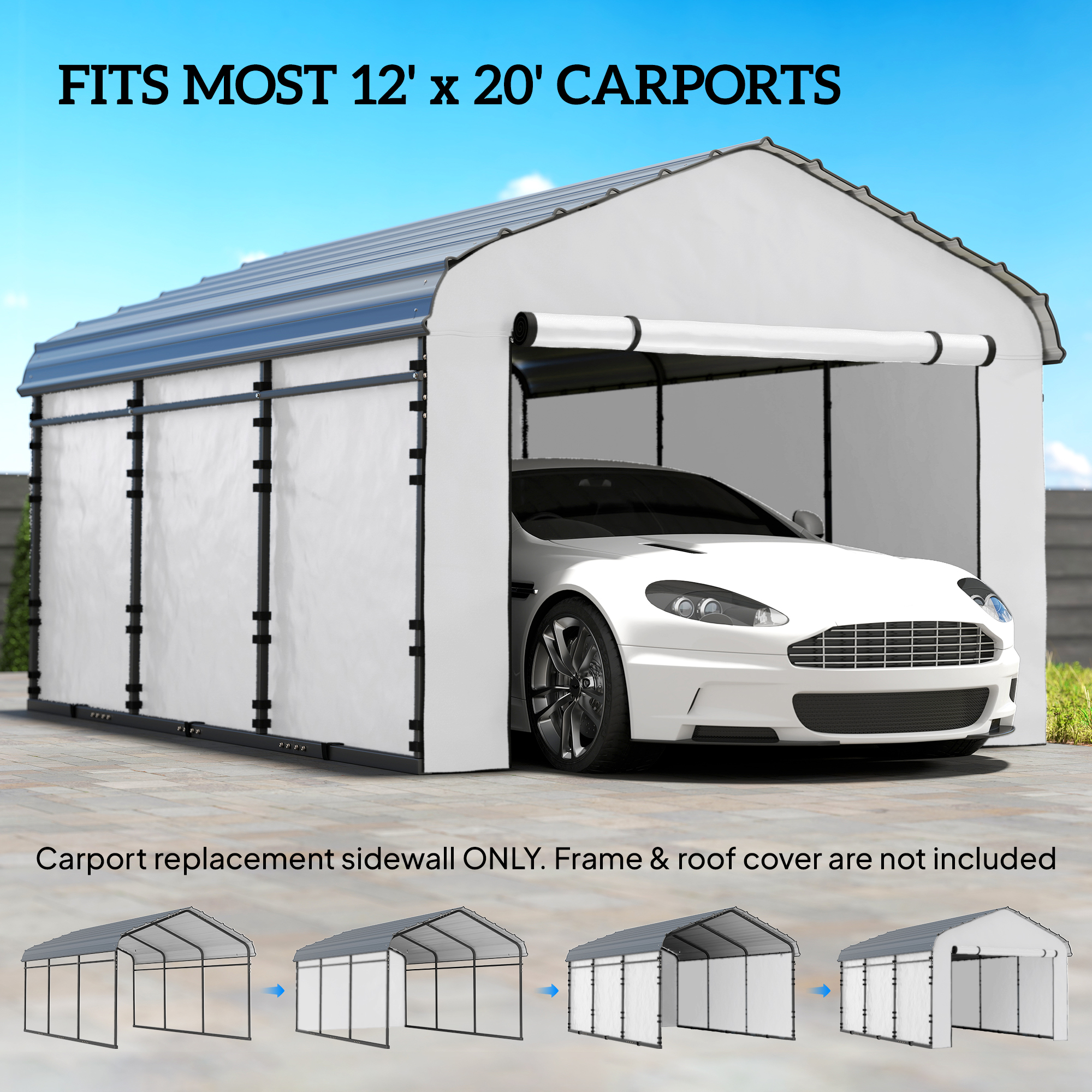  Carport Replacement Sidewall Panel for 12' x 20' Carports, UPF50+ Waterproof Replacement Side Wall Cover, White