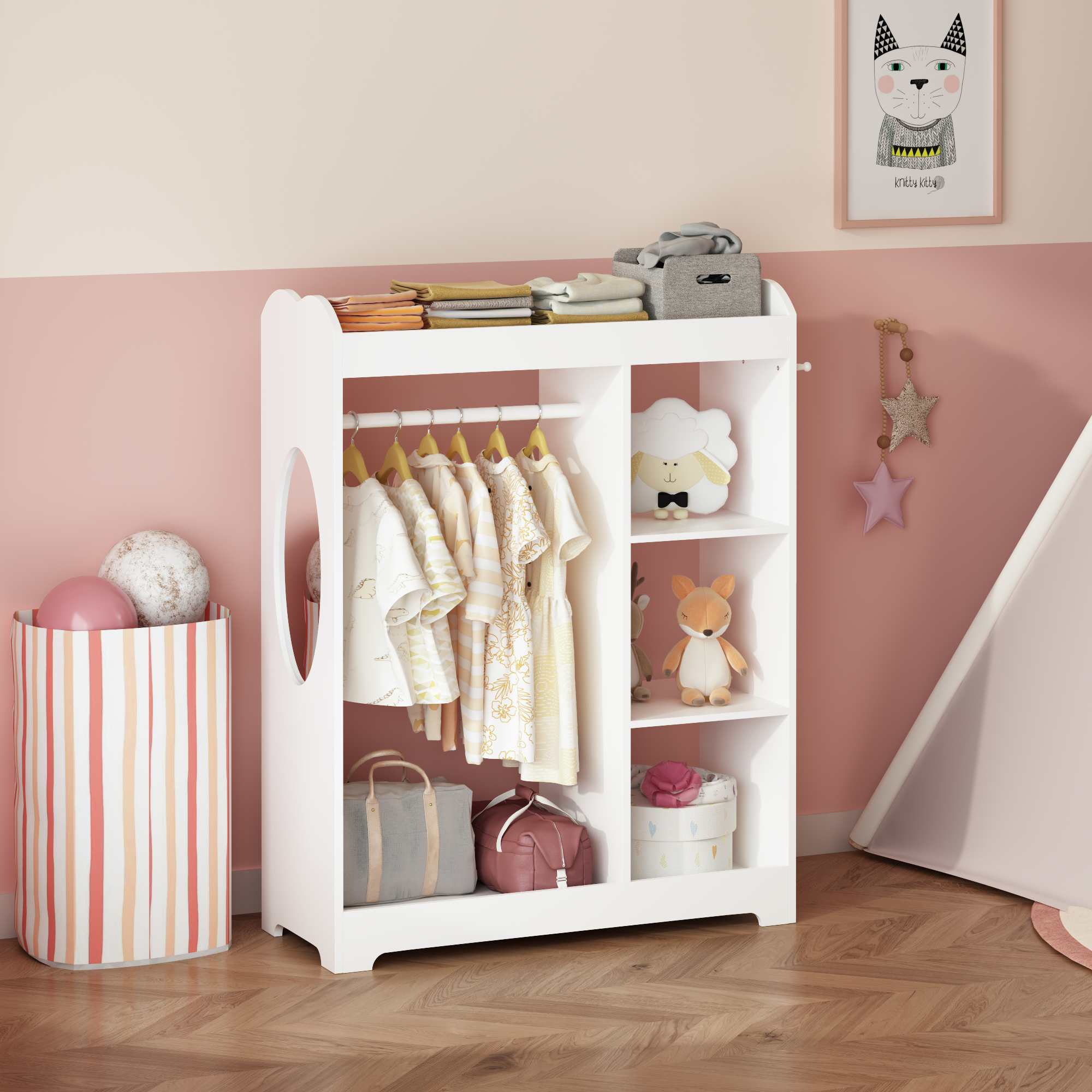 Kids Dress Up Storage With Mirror And Hooks, Wooden Dress Up Clothes Rack With Hanging Rod, 3 Side Hooks, Storage Shelves And Top Shelf, Toddler Costume Organizer For Playroom Bedroom Nursery White - Image 1
