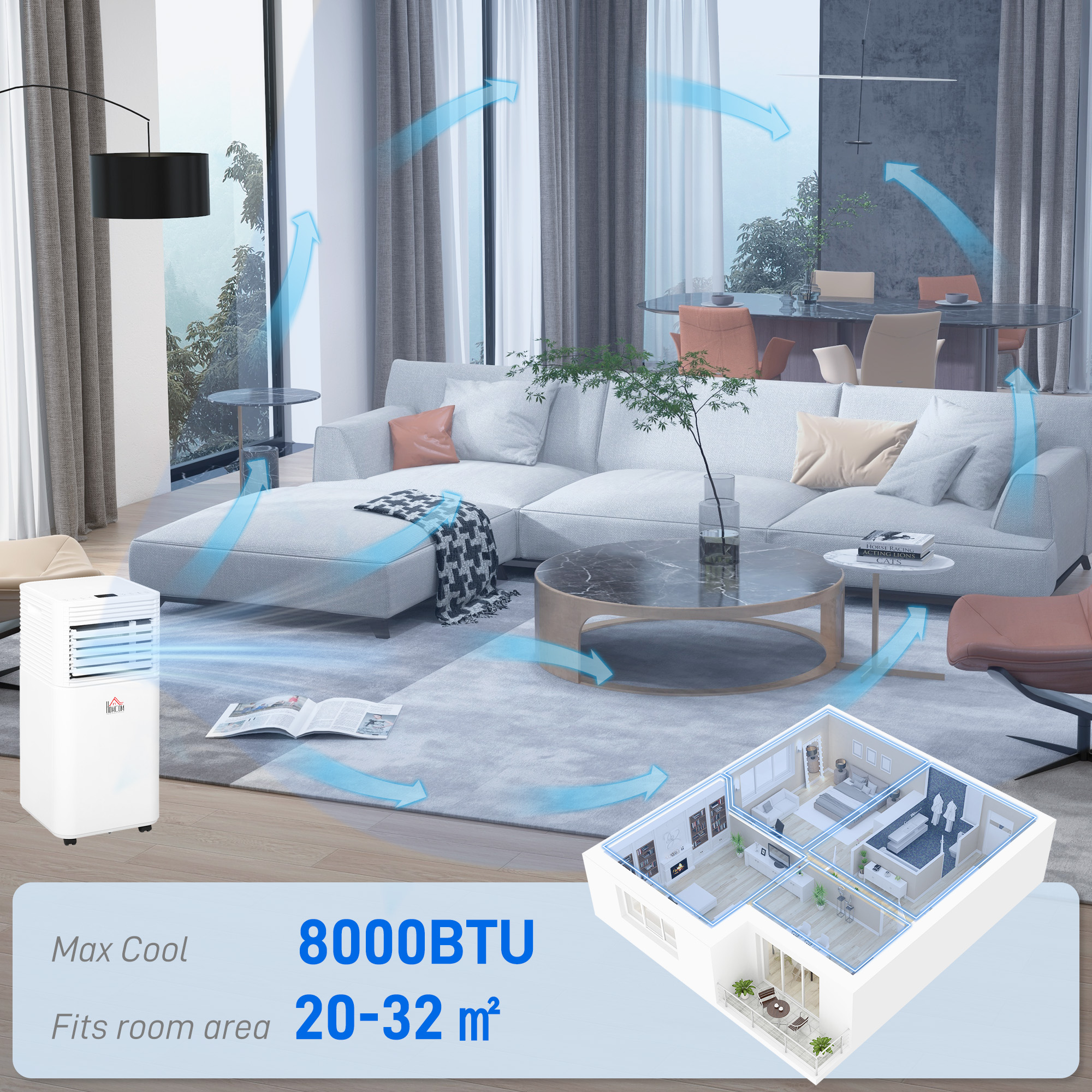  8000 BTU Mobile Air Conditioner for Cooling and Dehumidifying, Remote Control, 24H Timer, LED Display, White