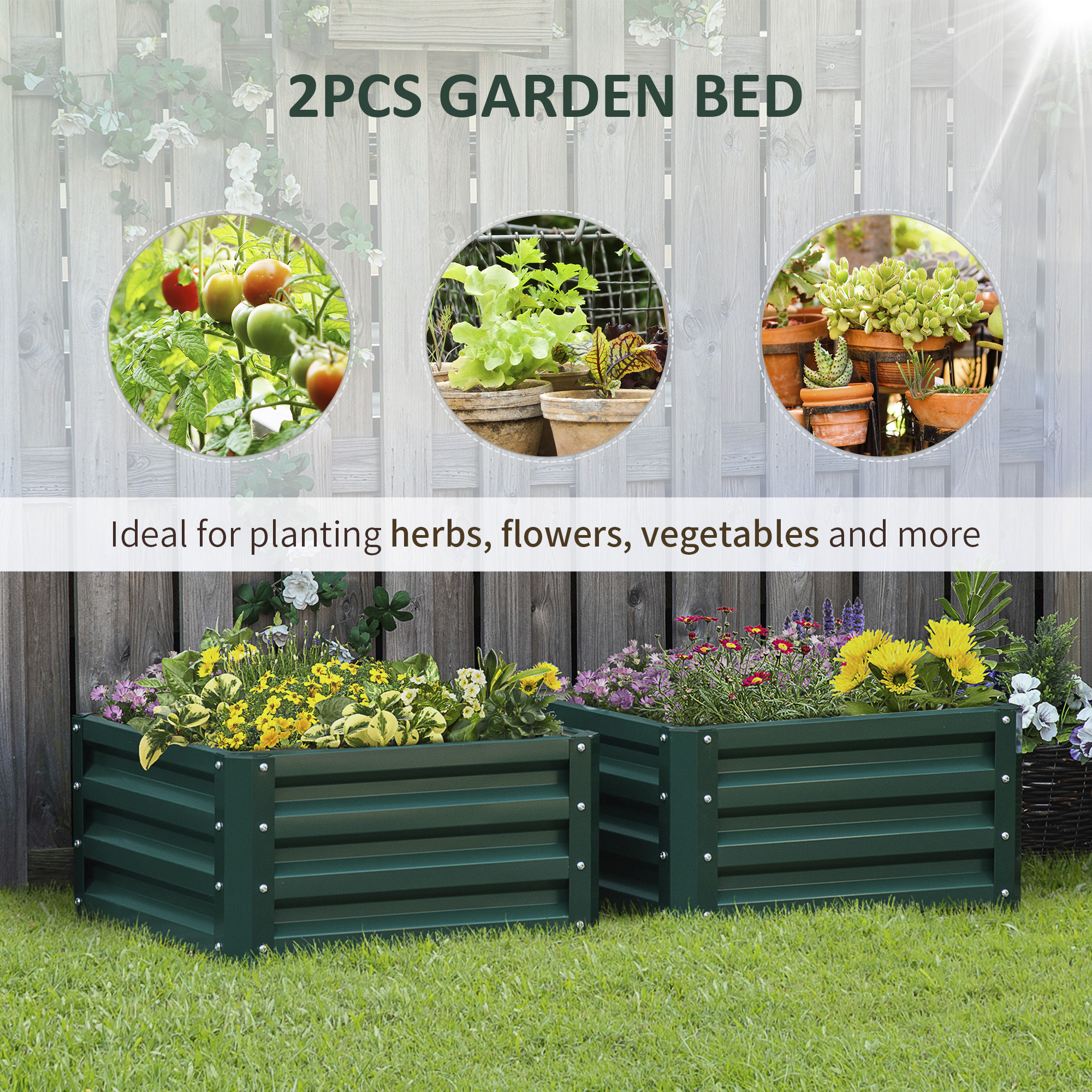  Galvanized Raised Garden Bed, Set of 2 Metal Planter Box with Open Bottom, All-Weather Steel Frame, Rust-Resistant, Easy-to-assemble, for Growing Vegetables, Flowers, Green