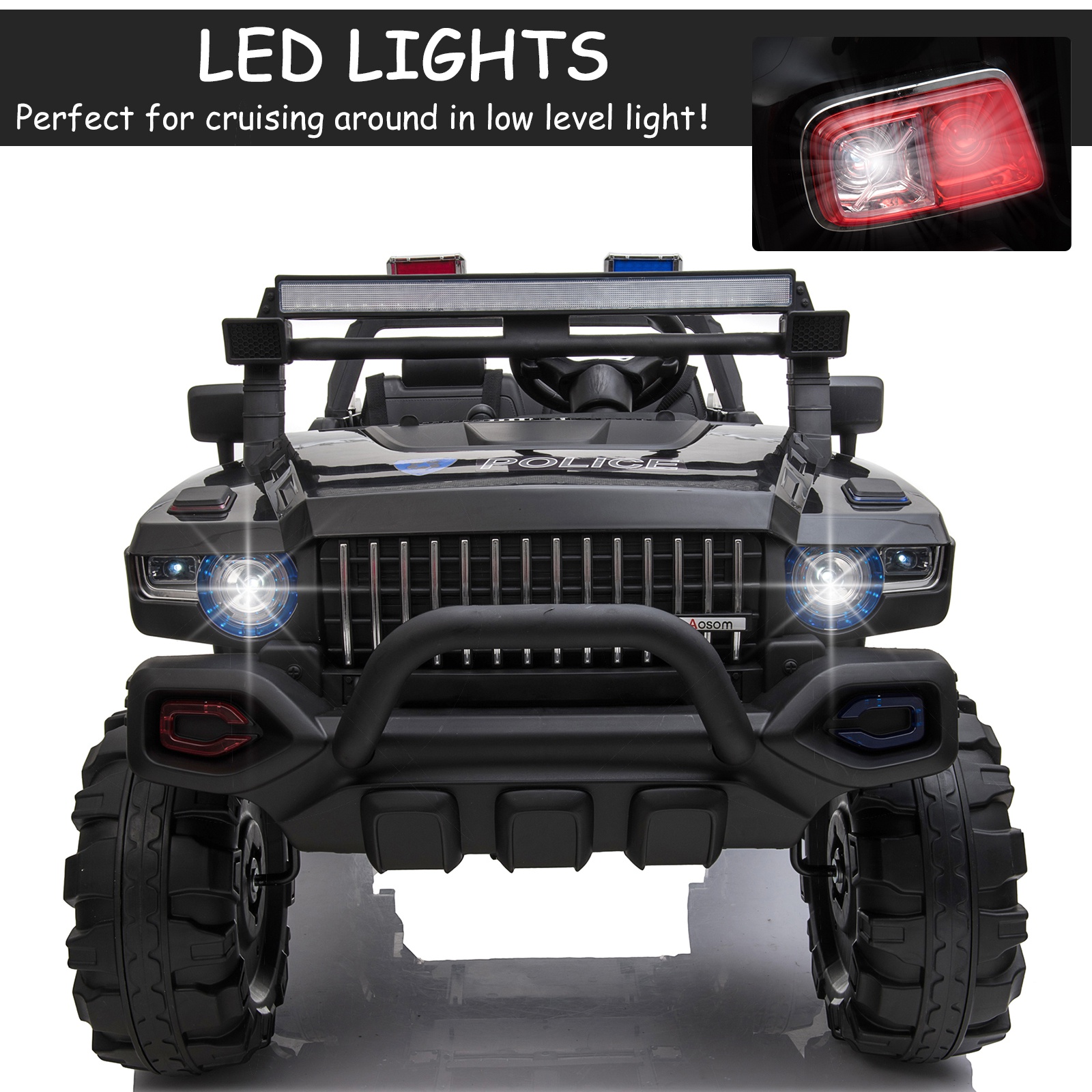 Kids Ride-On Car 12V RC 2-Seater Police Truck Electric Car For Kids with Full LED Lights, MP3, Parental Remote Control, Black