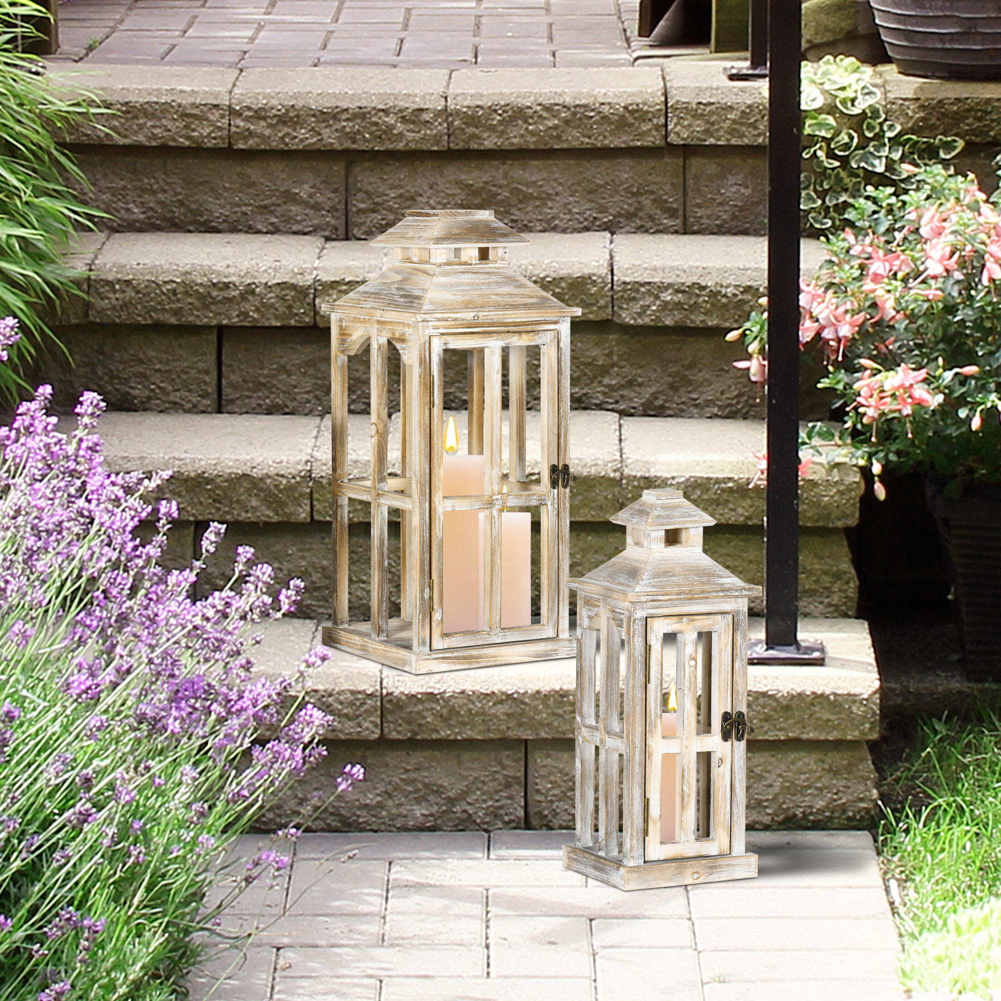 2 Pack 28"/20" Large Rustic Wooden Lantern Decorative, Indoor/Outdoor Lantern for Home Décor (No Glass), Natural 6