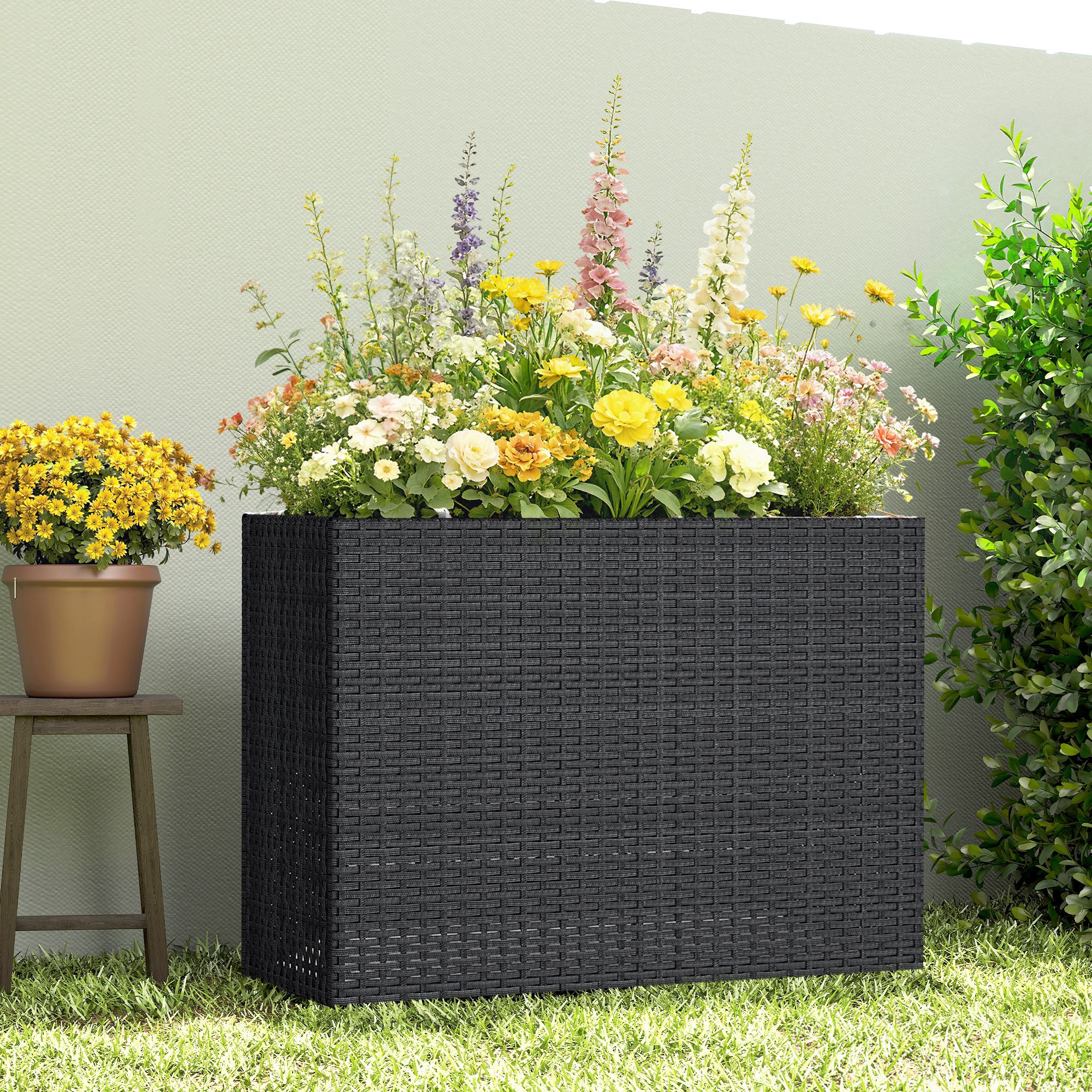  Tall Rectangular Planter with Removable Liner, Holes, PE Wicker Large Planter Box for Indoor Outdoor Plants, Black