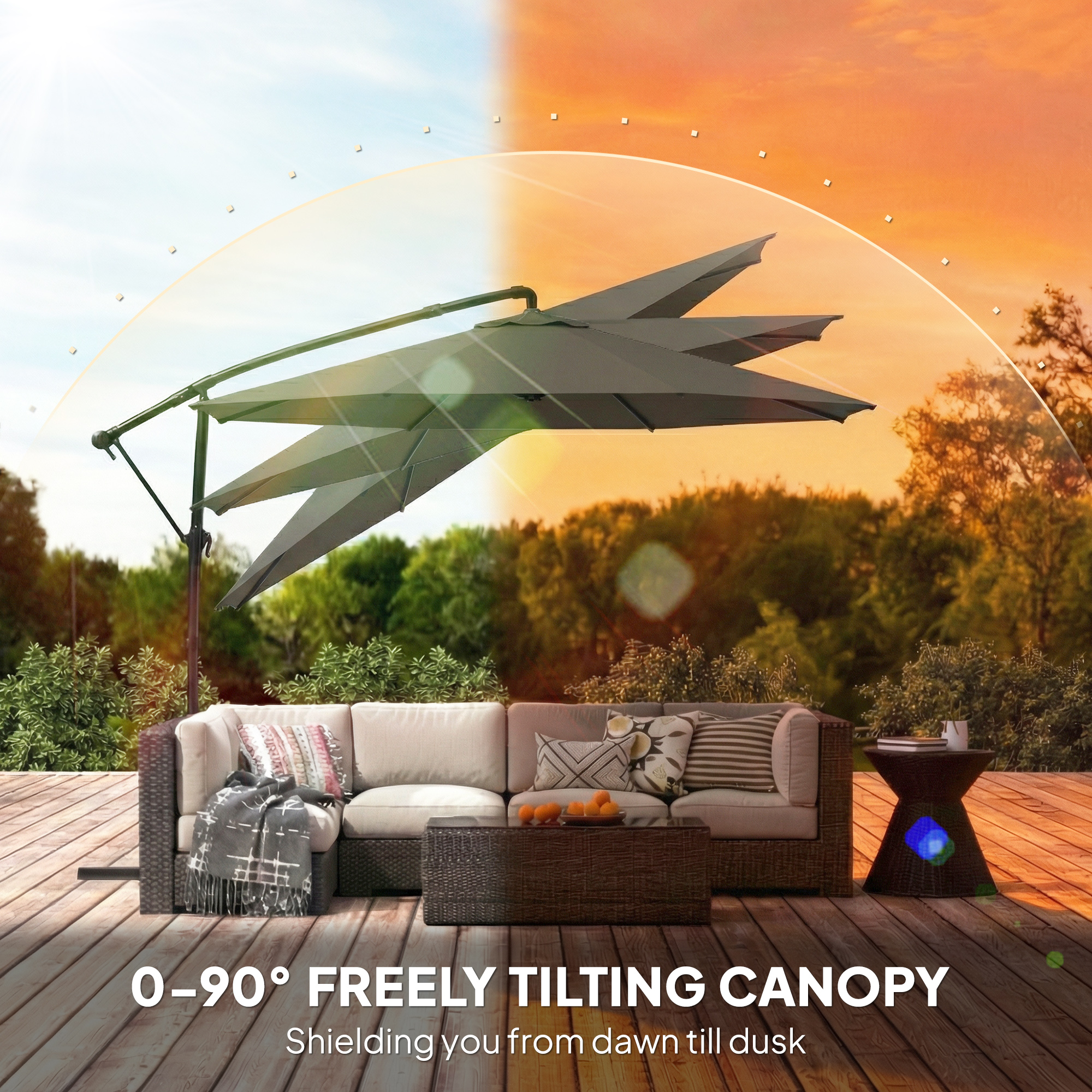  10 ft Offset Patio Umbrella with Cover, Hanging Cantilever Umbrella with 360° Rotation, Crank Handle, Tilt, Tan