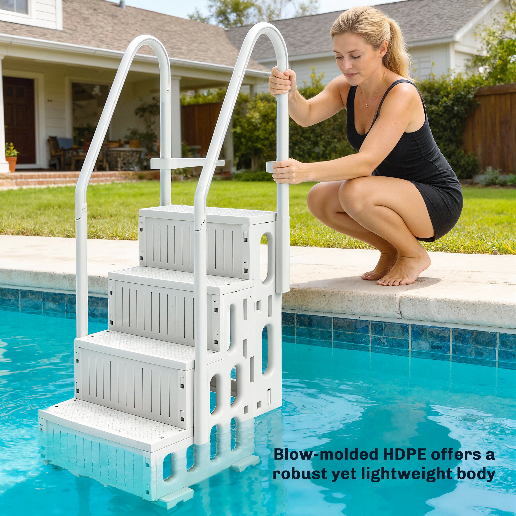  Swimming Pool Ladder Adjustable Height for Above Ground Pool Steps with Dual Handrails White