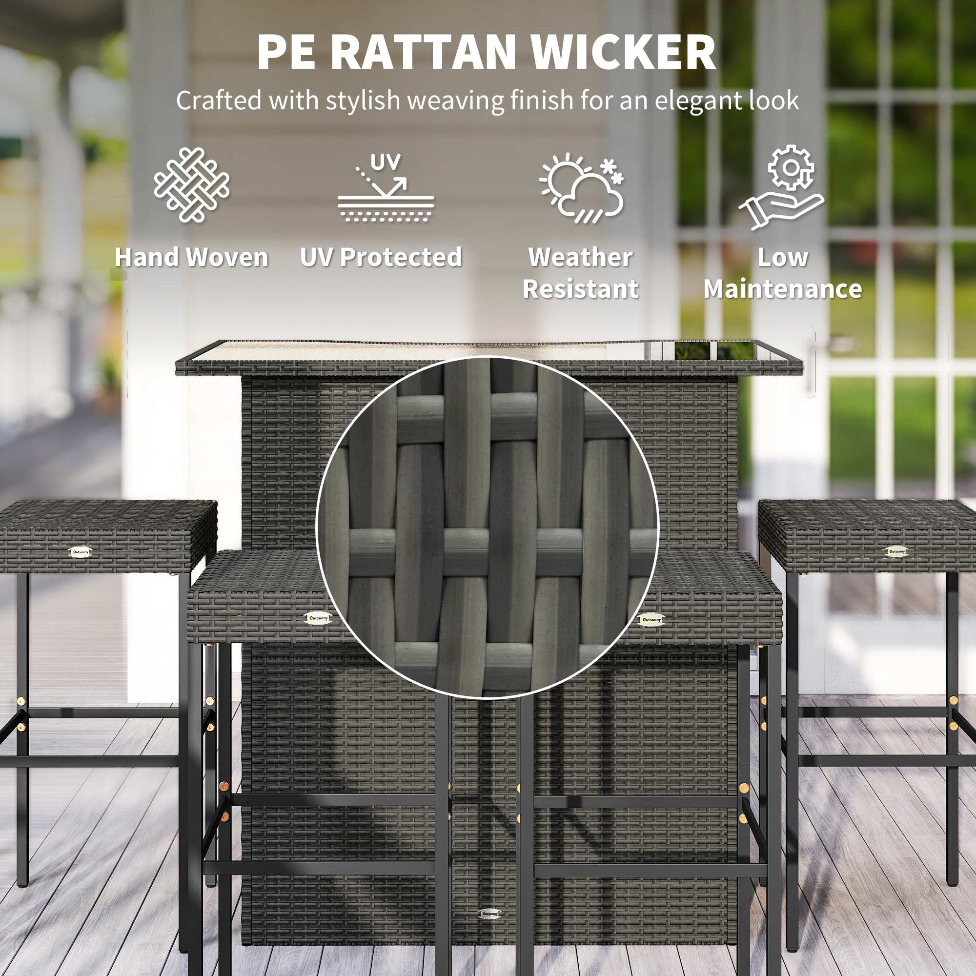  5 Piece Rattan Wicker Bar Set, High Top Outdoor Table and Chairs, Bar Height Patio Set, 2 Shelves & 4 Bar Stools, Gray