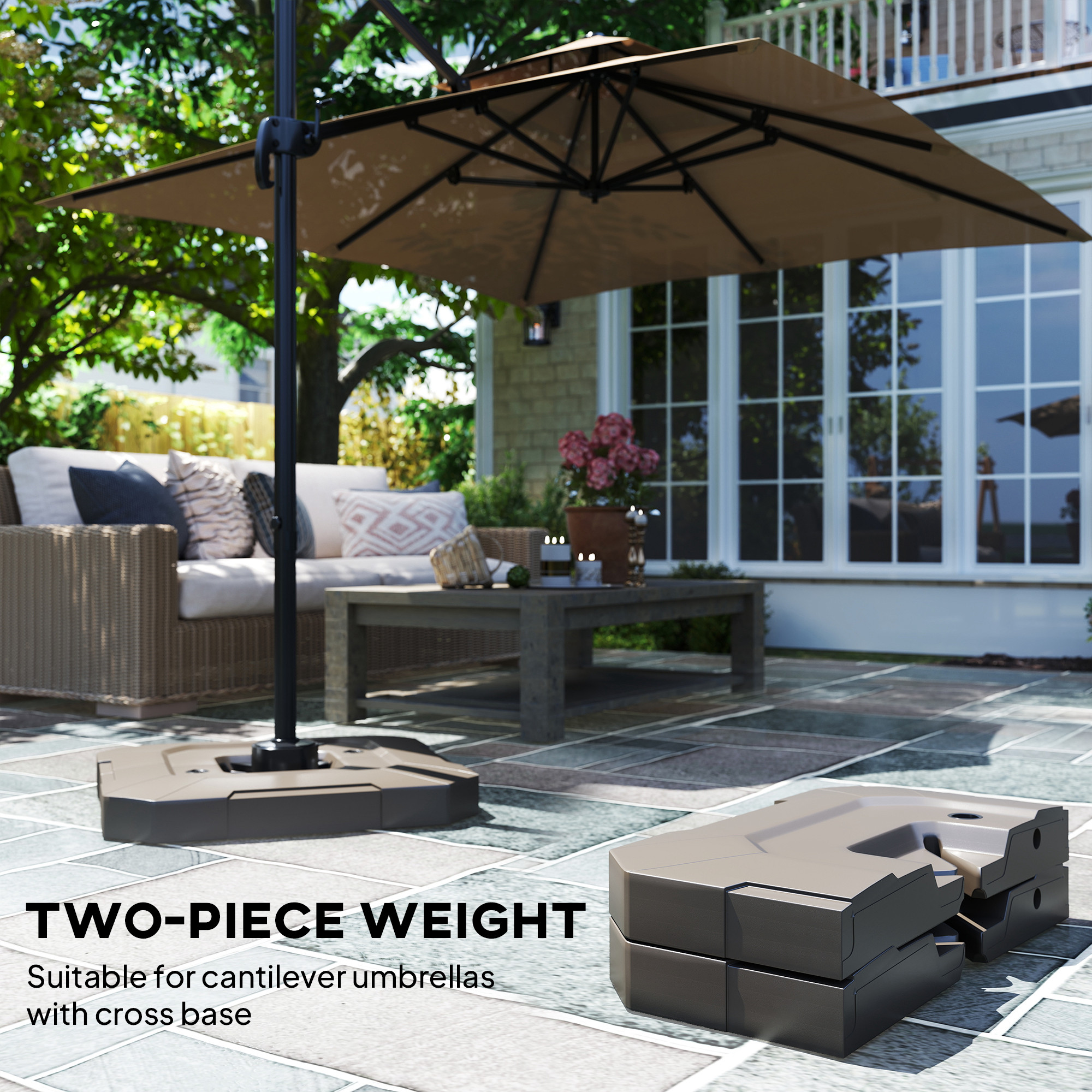  2-Piece Cantilever Umbrella Base Weight Set, 231 lb Water or Sand Fillable Outdoor Offset Umbrella Weights, Brown