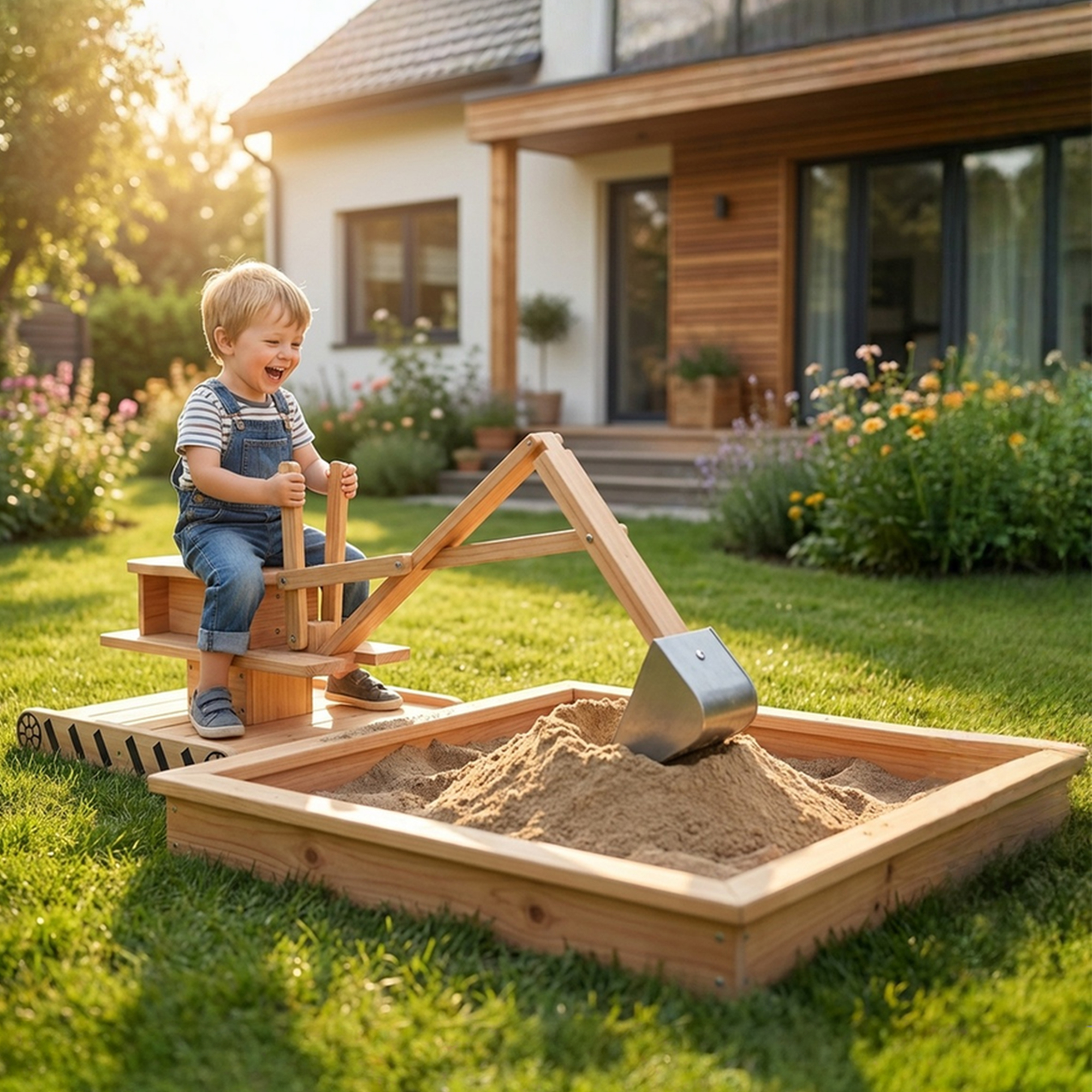 Wooden Sandbox with Digger, Kids Sandbox with 360° Rotating Seat & Bottom Liner, 72" x 35" x 22" - Image 1