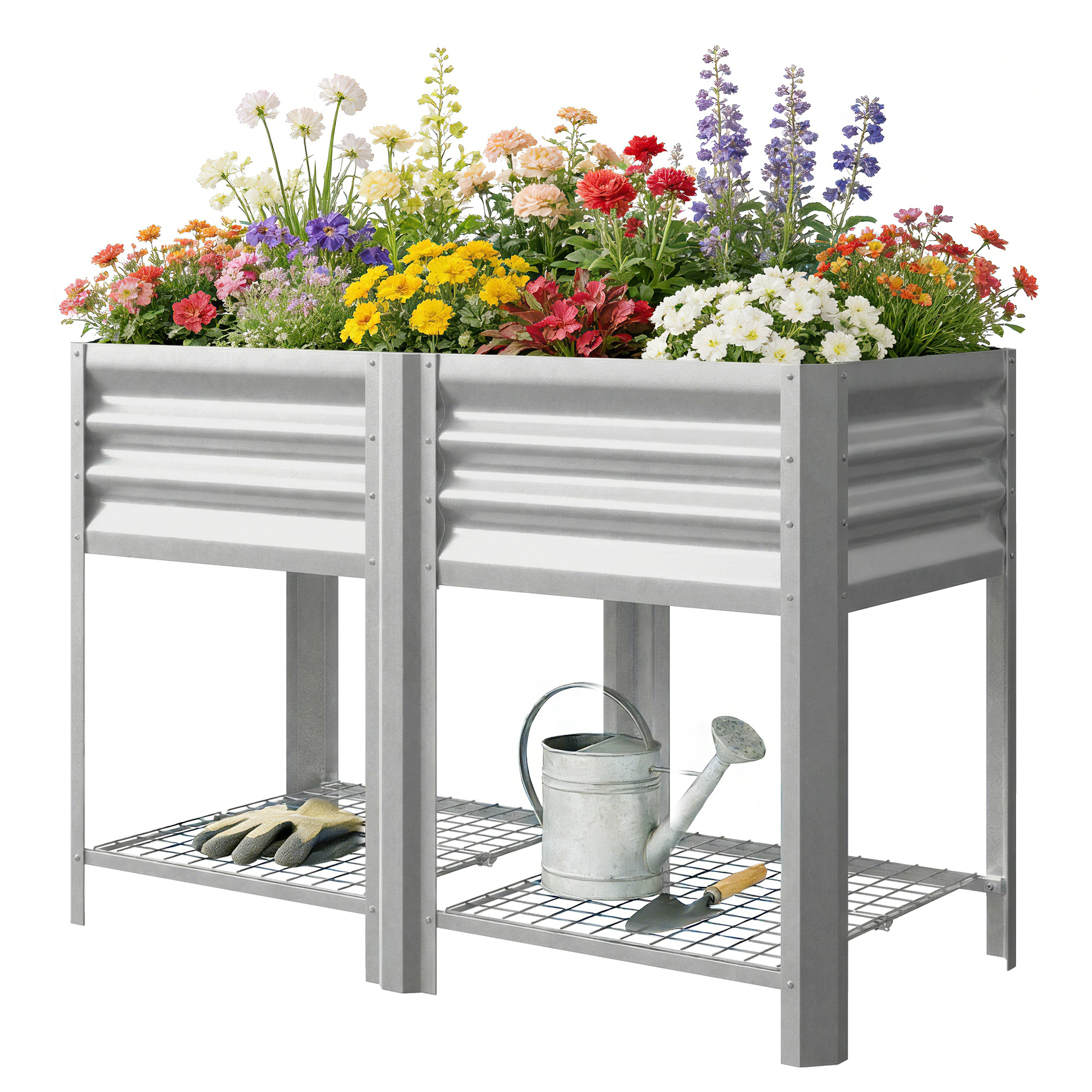 Raised Garden Bed Galvanized Steel, Elevated Planter Box with Storage Shelf, Bed Liner, 31.5" High…
