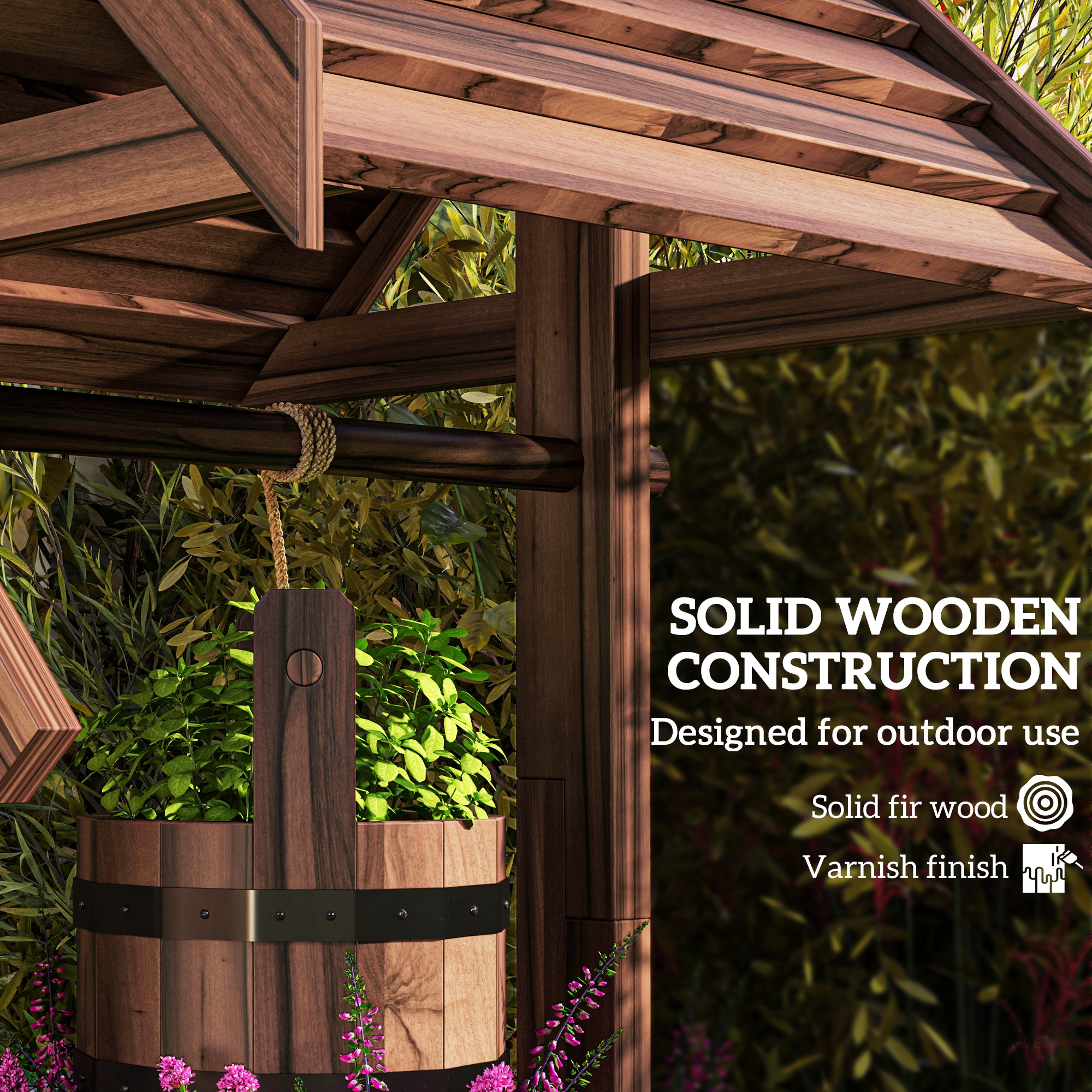  Wood Wishing Well for Outside with Hanging Bucket, Wishing Well Planter with Drain Hole for Garden Patio, Carbonized