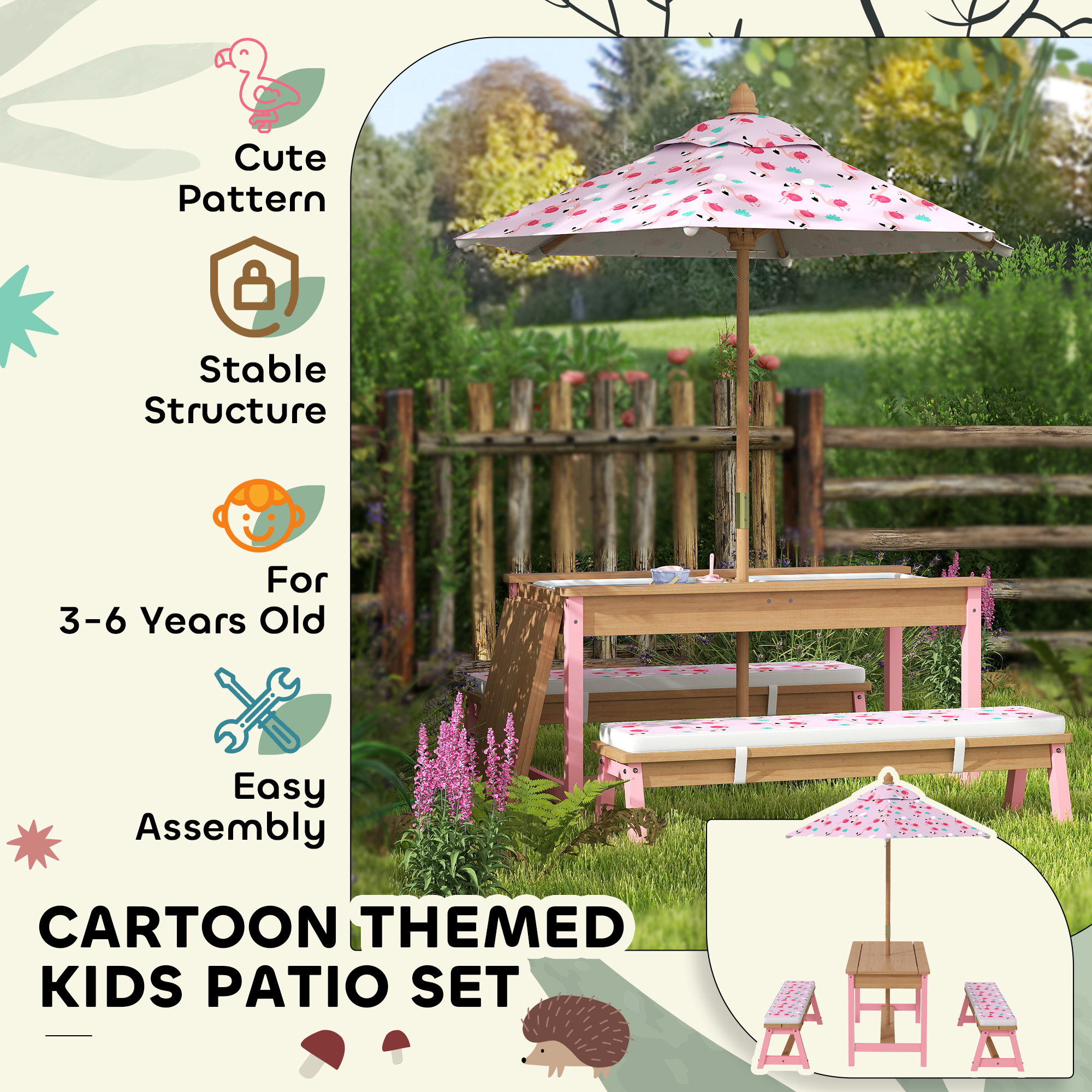 Kids Picnic Table Set with Foldable Umbrella, Removable Cushions & Boxes, Flamingo Theme, Pink