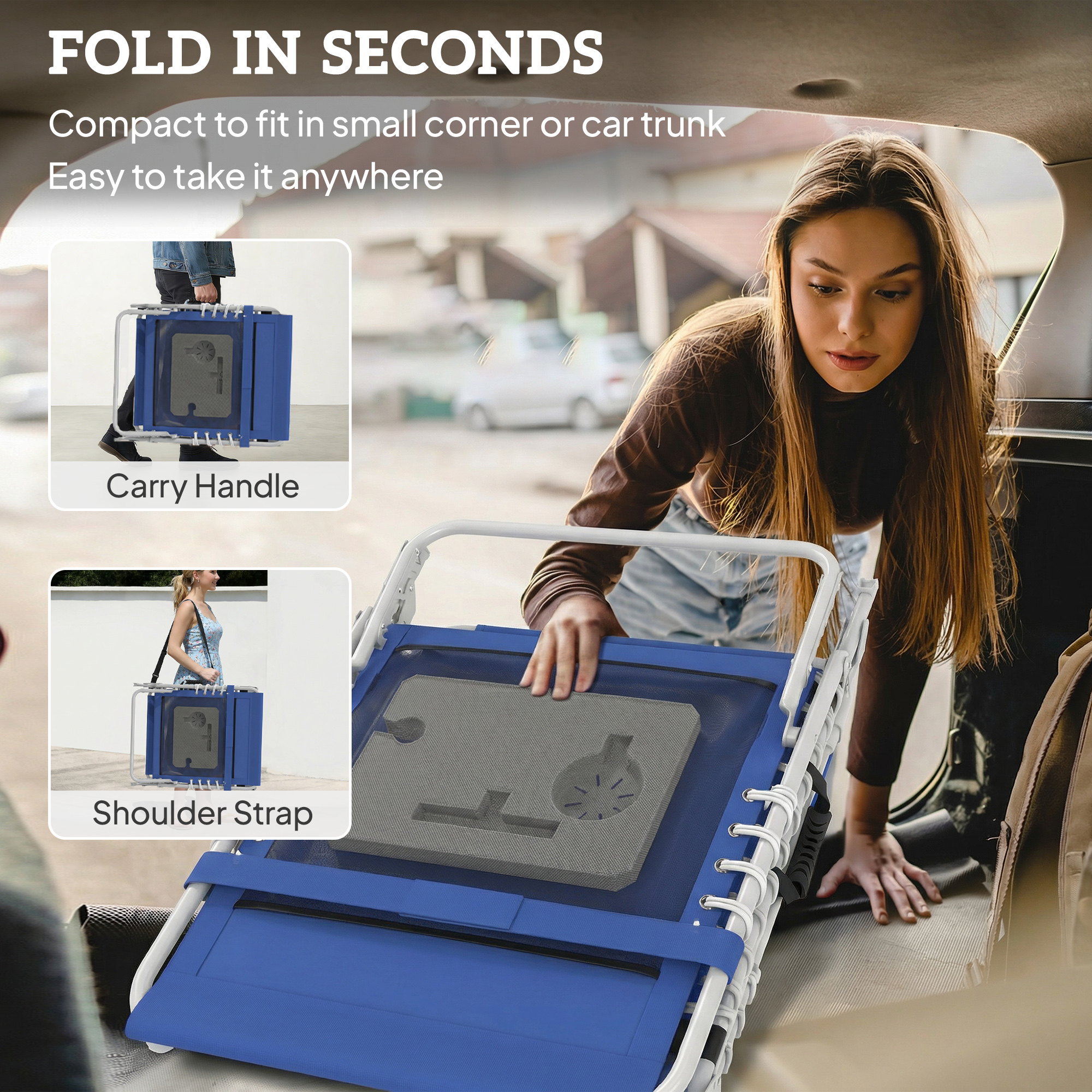  Tanning Chair with Face Hole and Side Table, 5-Position Folding Outdoor Chaise Lounge Chair, Navy Blue