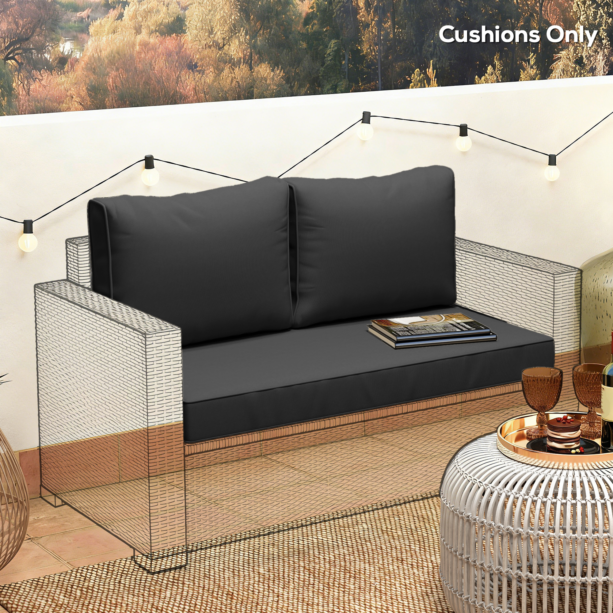  2 Seat Patio Furniture Cushions, Thick Outdoor Loveseat Cushion Set with Removable Cover, 46x26x5 in, Black