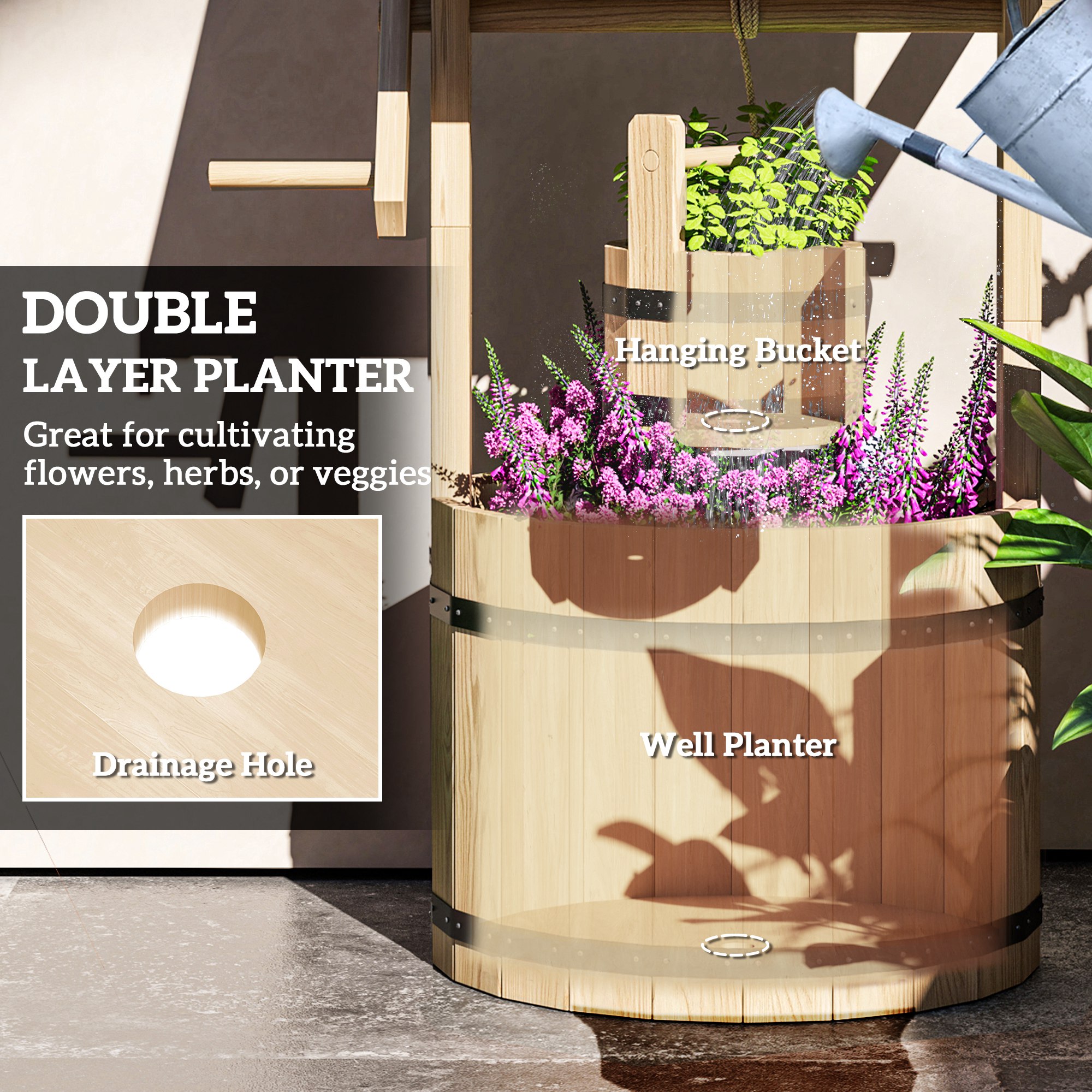  Wood Wishing Well for Outside with Hanging Bucket, Wishing Well Planter with Drain Hole for Garden Patio, Natural