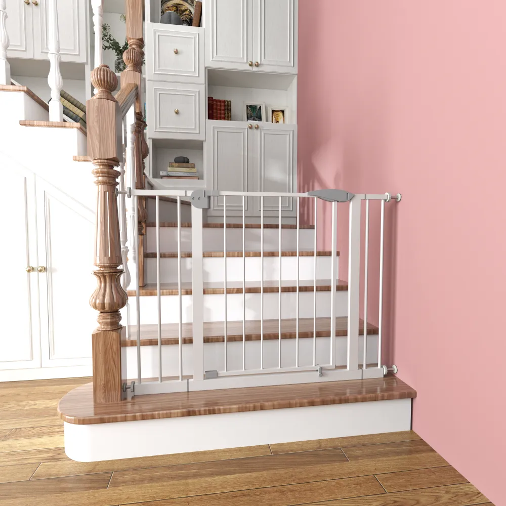 29.5-45.3 Wide Baby Gate For Stairs, Dog Gate Indoor For Doorways, No Drilling Pressure Mounted Pet Gates For Kids, Easy Walk Through Safety Gate, White