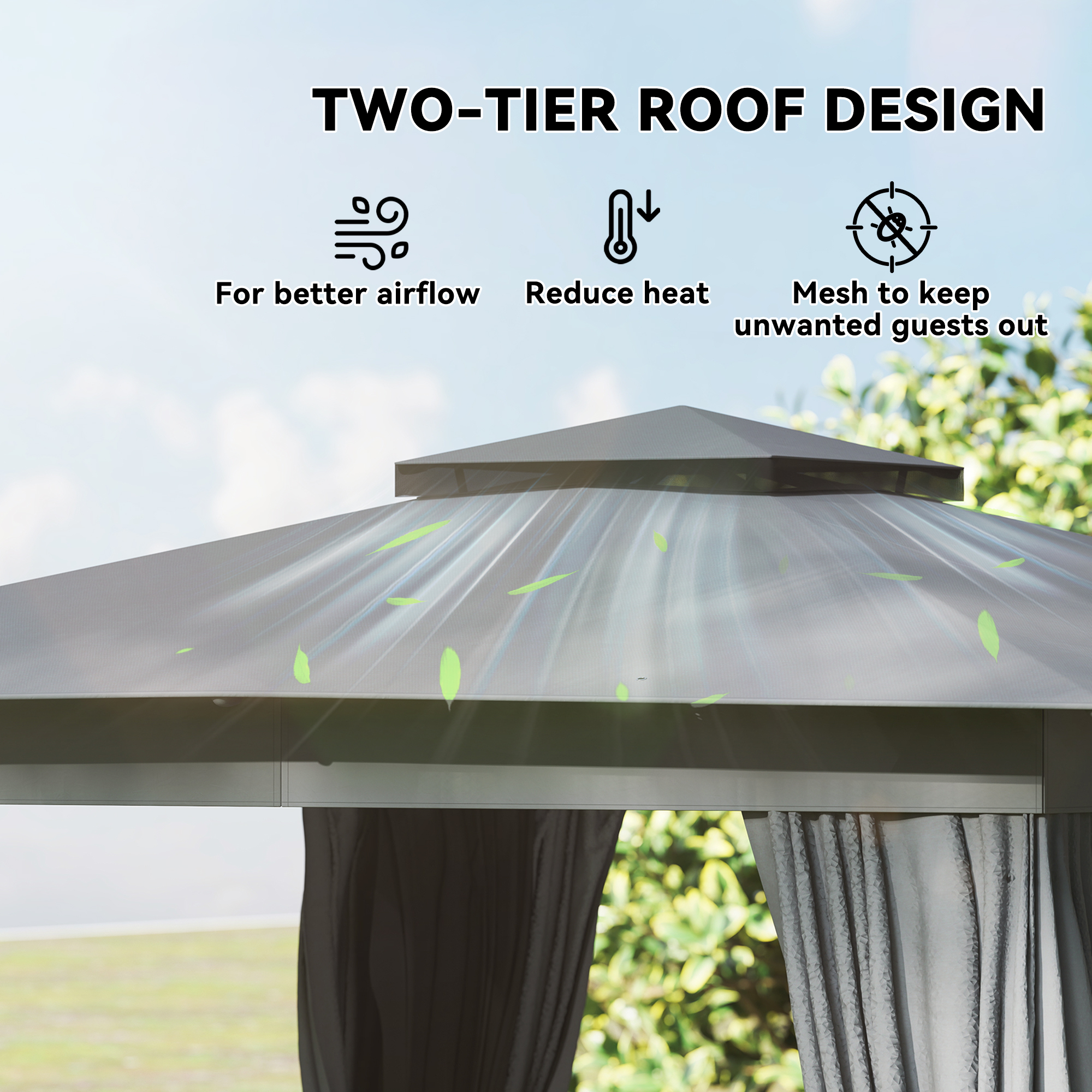  10' x 10' Outdoor Patio Gazebo, Soft Top Gazebo Canopy Shelter with Curtains, Netting, Steel Frame, Hook, Dark Gray