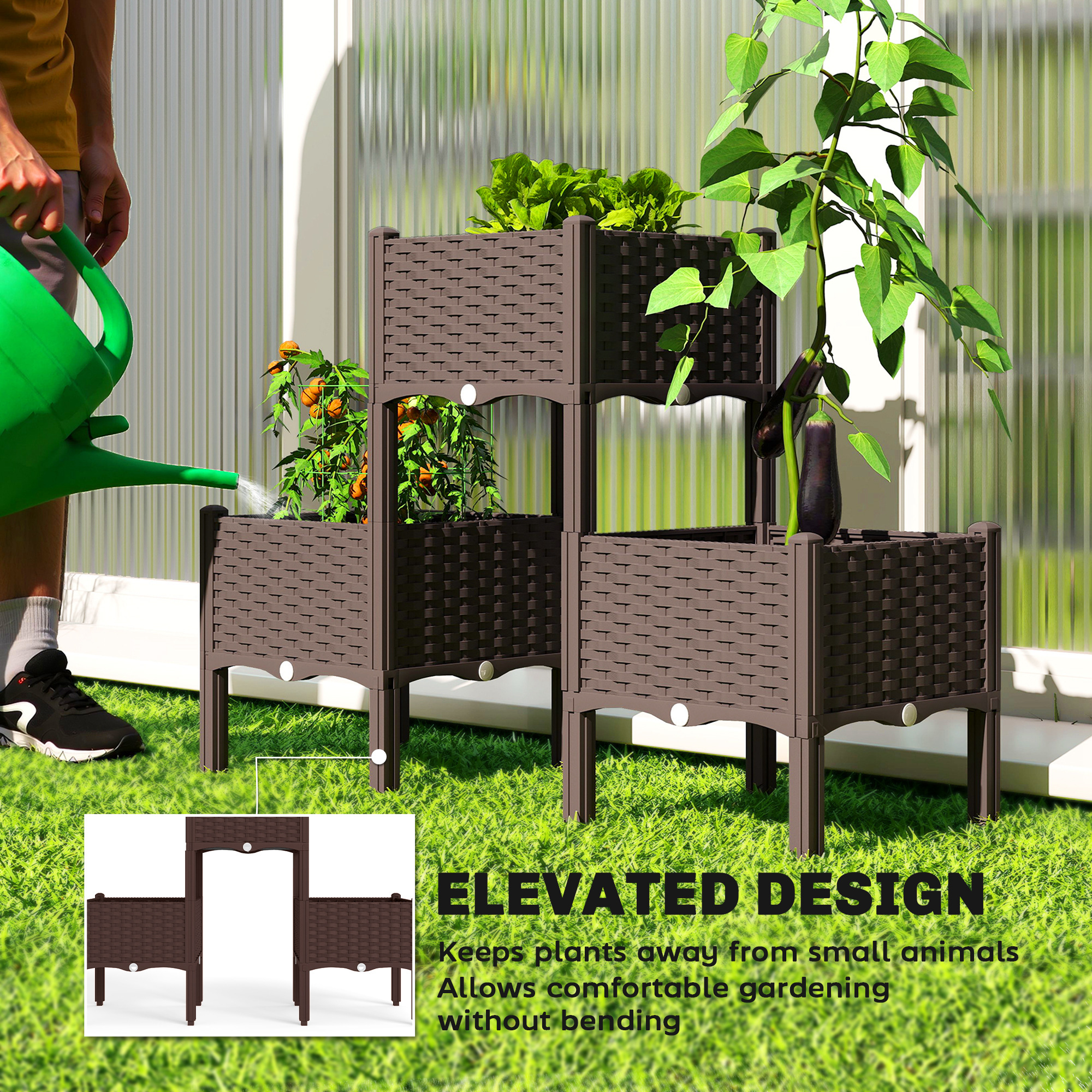  Plastic Raised Garden Bed with Legs, Self Watering Elevated Planter Boxes with Drainage Holes and Plugs, Easy Assembly