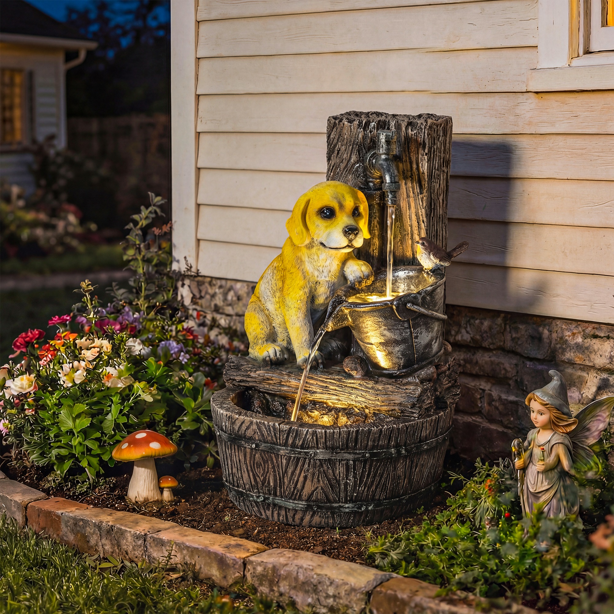  22" Outdoor Fountain with 3-Tier Puppy Theme, Resin Garden Fountain with LED Lights, Adjustable Flow, Rustic Brown
